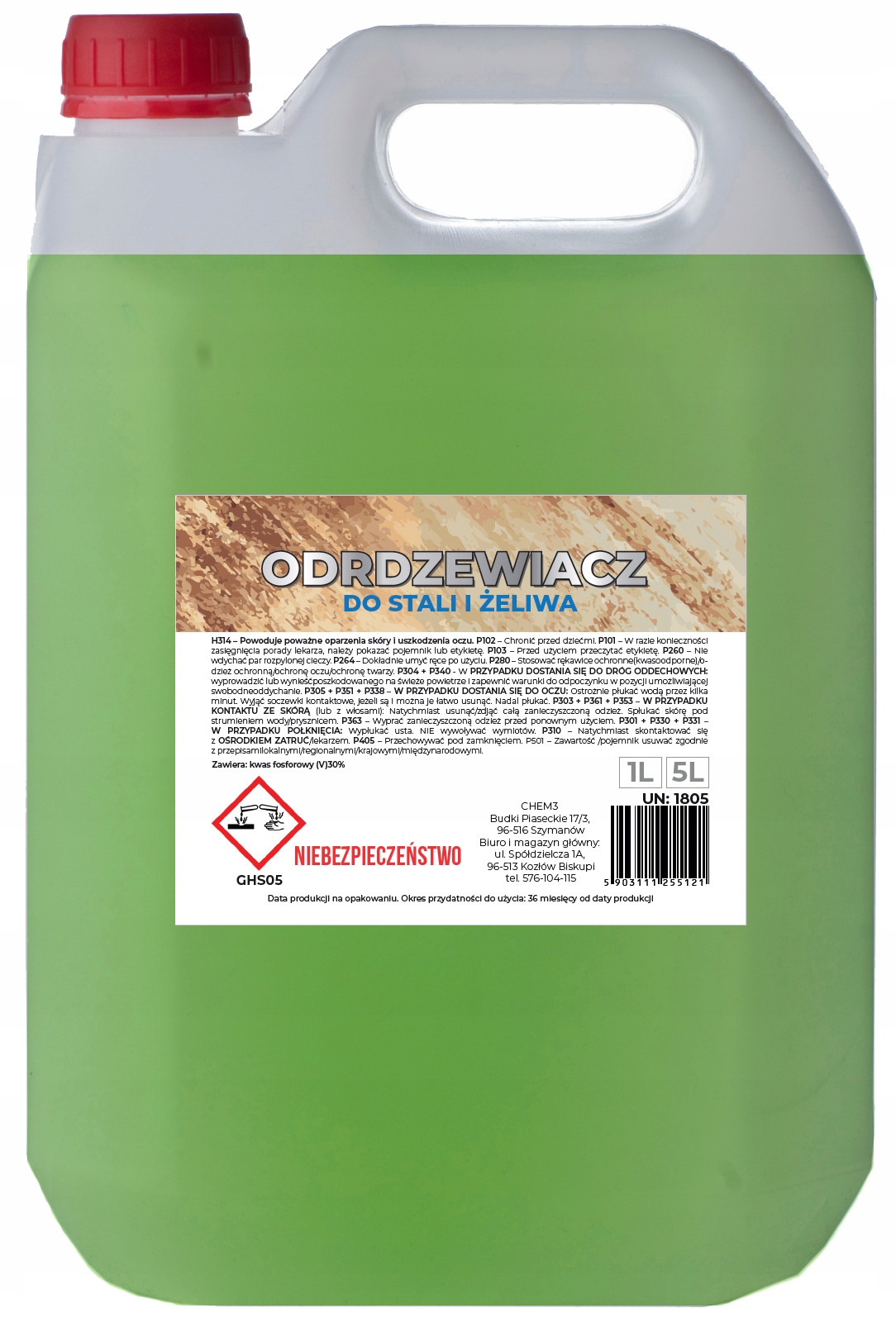 ODRDZEWIACZ DO STALI I ŻELIWA KWAS FOSFOROWY NEUTRALIZATOR RDZY 5L