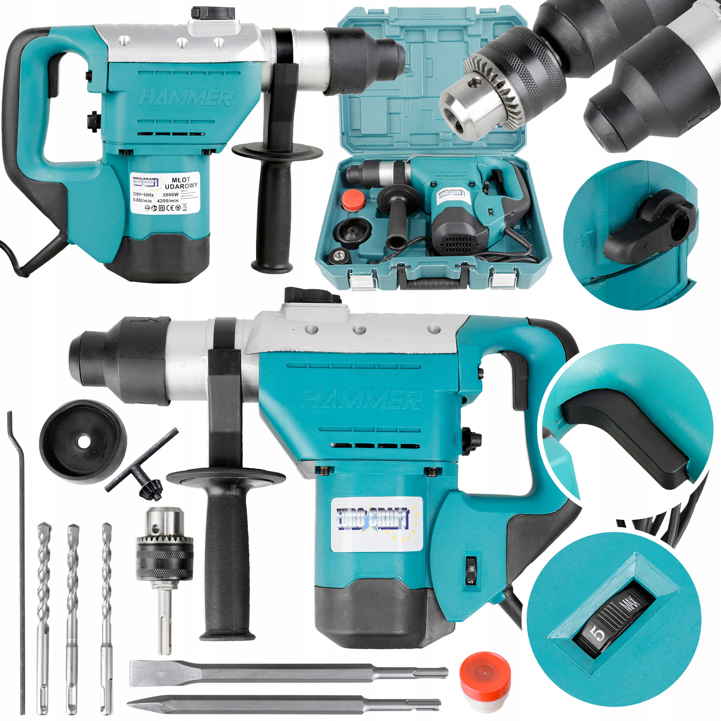 MŁOTOWIERTARKA MŁOT UDAROWY WIERTARKA SDS + WALIZKA +DŁUTA + WIERTŁA UDAR
