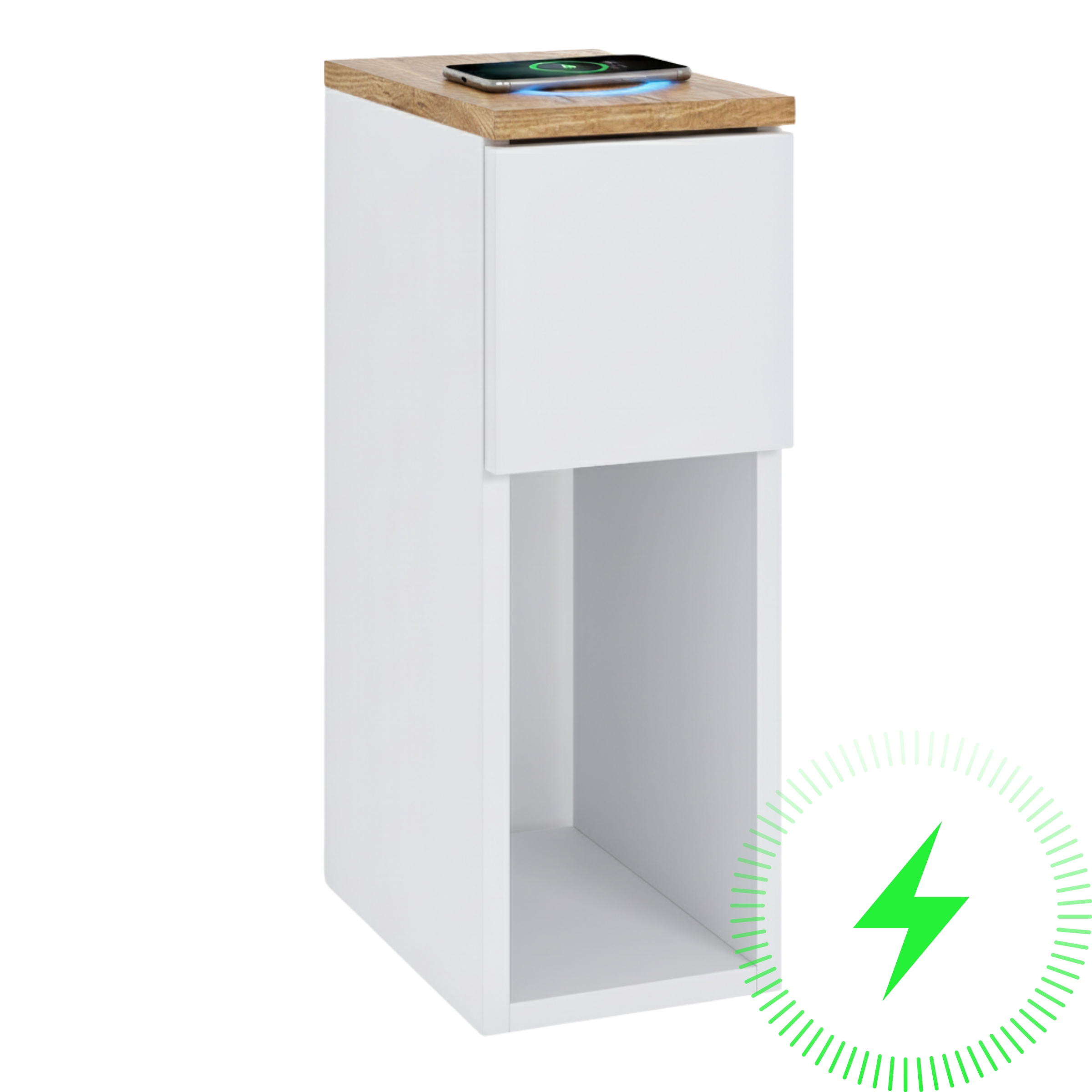 Nočná Skrinka Biela 20X30X55 So Zásuvkou Dub Torro Indukčná Nabíjačka 15W