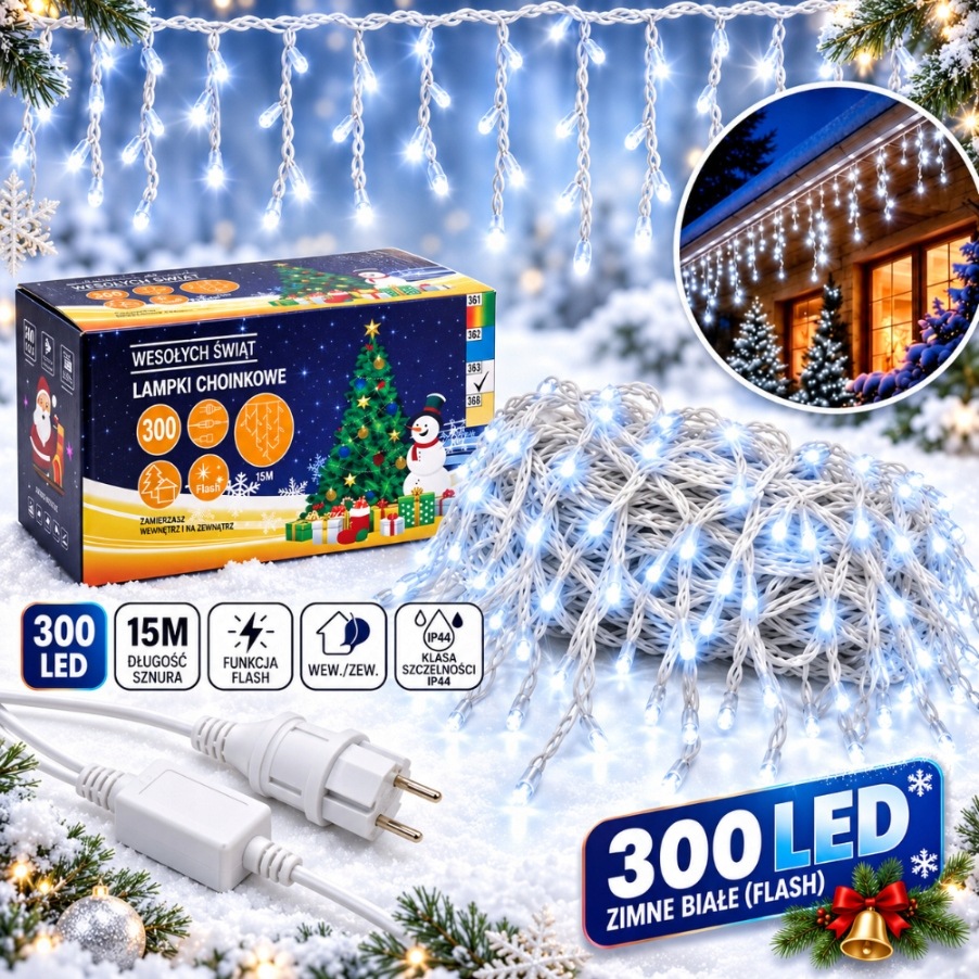 Lampičky rampouchy venkovní 300 Led 15 m studená bílá Flash IP44