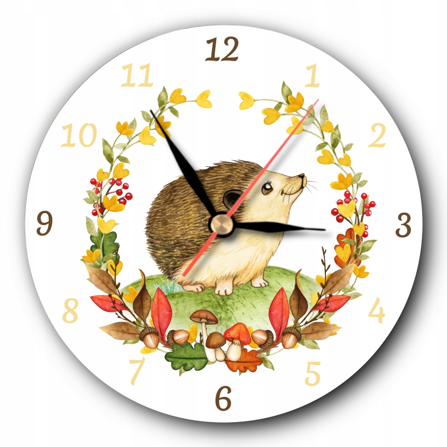 Okrągły ścienny cichy leśny zegar z jeżykiem jeż