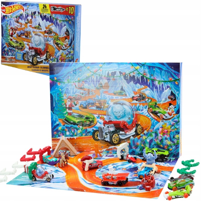 Адвент-календарь Hot Wheels 2026 JLG41, 10 машинок 1:64 и зимние аксессуары, от 3 лет — фото 4