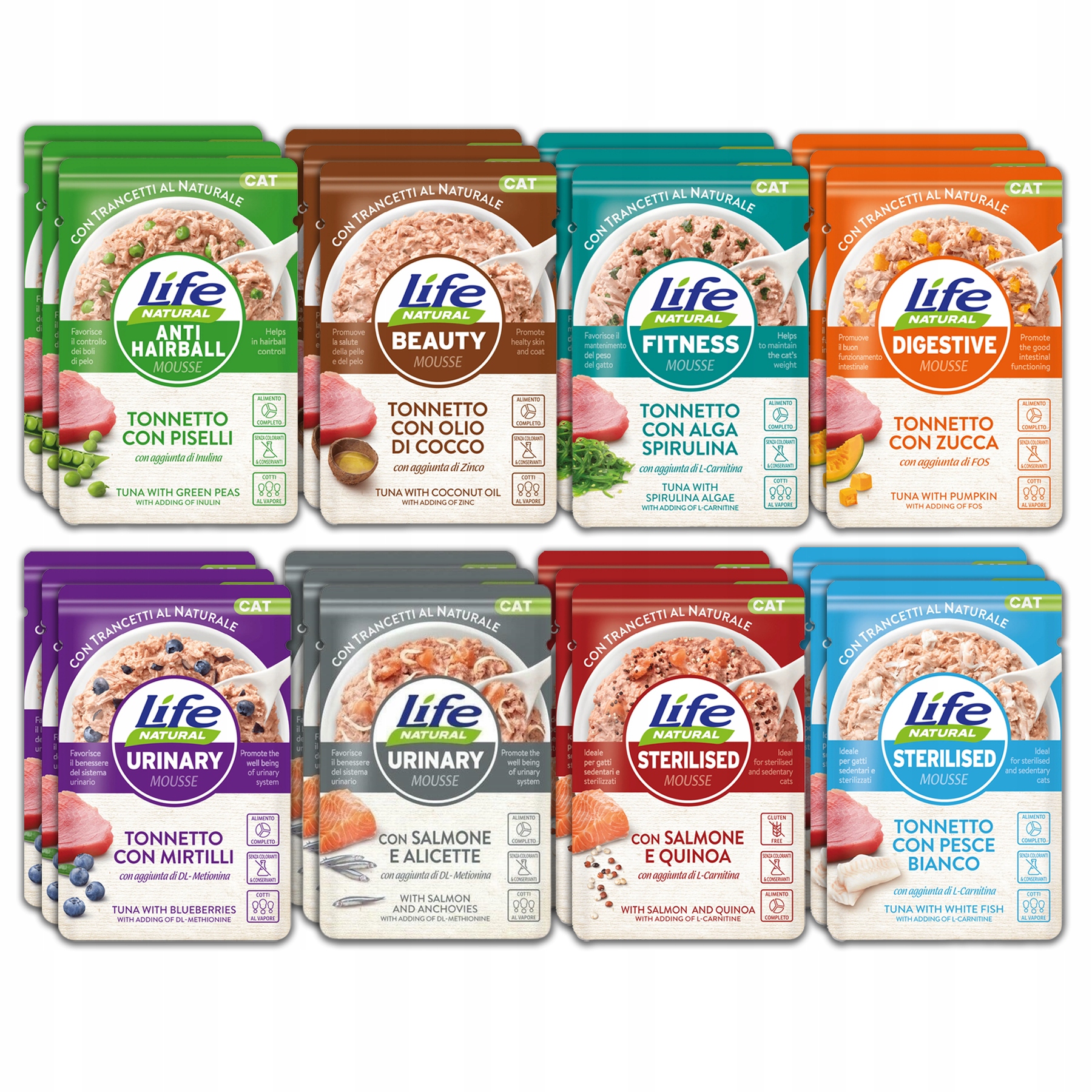 Levně Life Cat Natural Pěna Krmivo pro kočky kapsička 70 g 24 ks MIX 8 příchutí