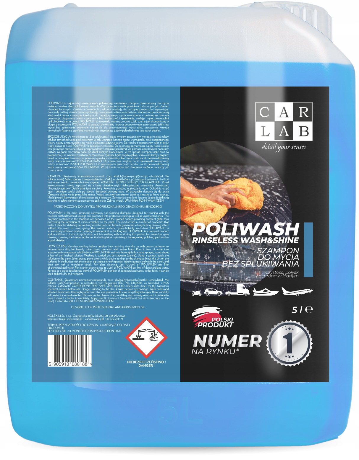 CARLAB POLIWASH RINSELESS BLUE SZAMPON BEZ SPŁUKIWANIA DO MYCIA AUTA 5L Producent Carlab