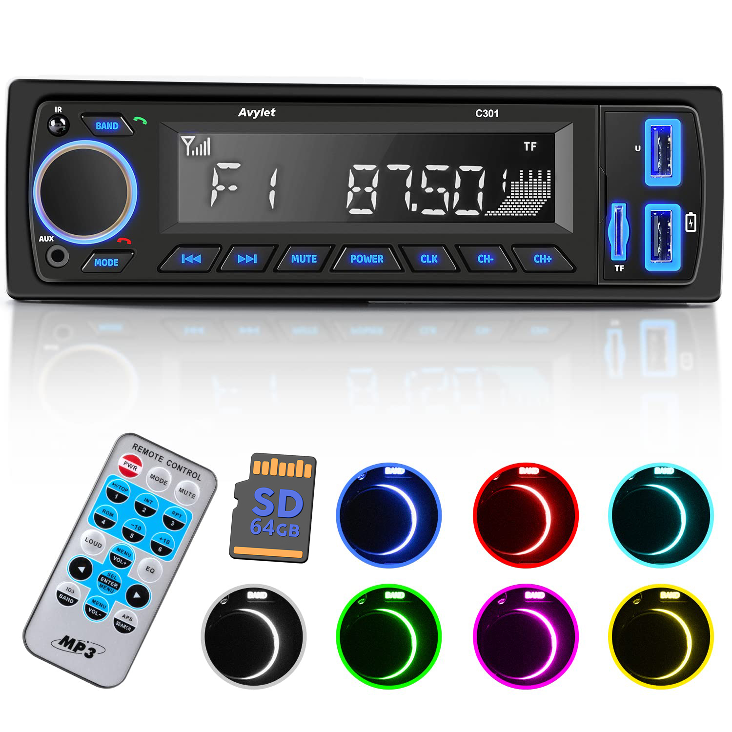 Radio Samochodowe 1-DIN Bluetooth 5.0 Usb Aux Sd Mikrofon Pilot Bateria 64g