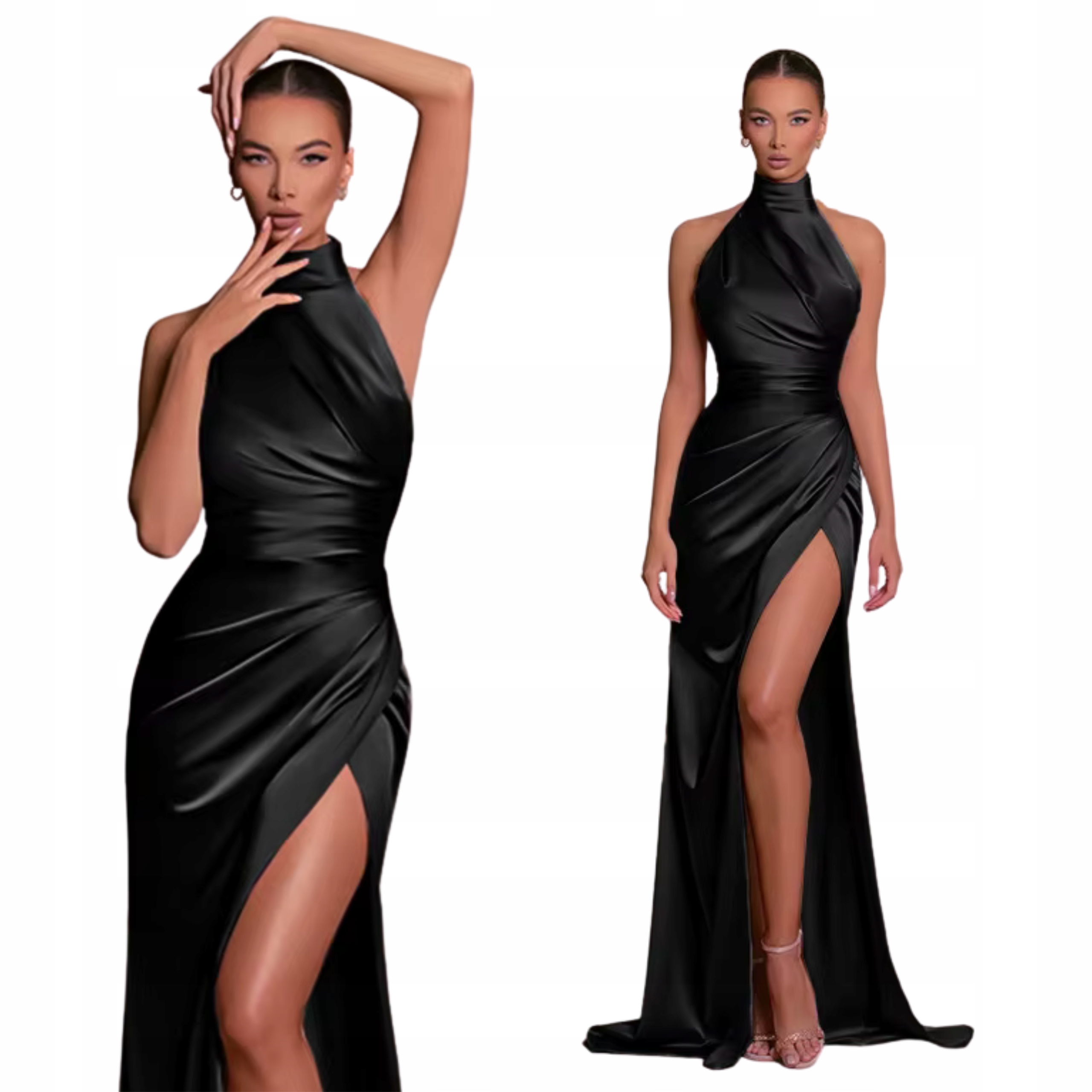 Sukienka damska satynowa wieczorowa z rozcięciem długa bez rękawów czarna