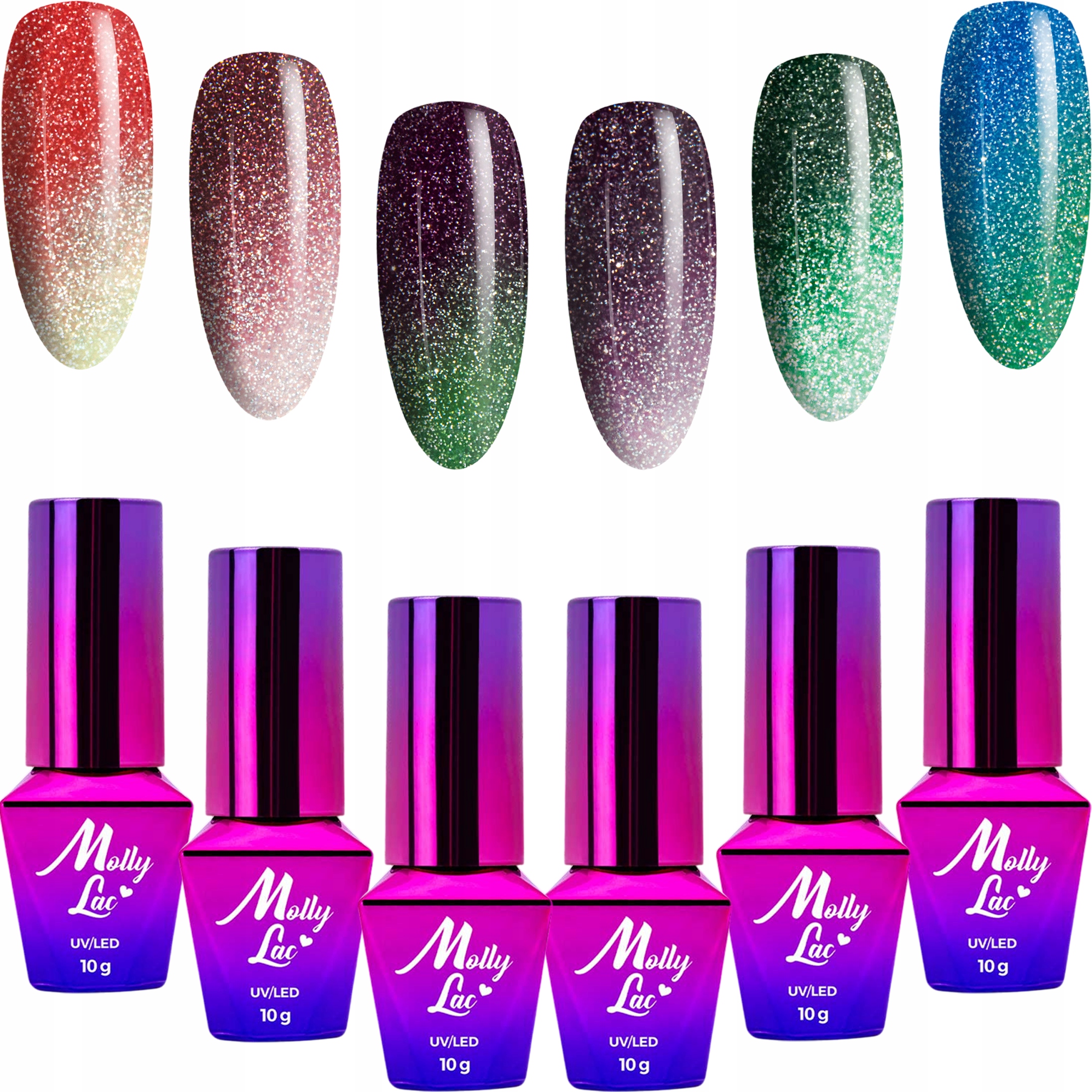 6x Lakier Hybrydowy Mollylac Thermo Flashing Lights 10g Zestaw Brokatowy