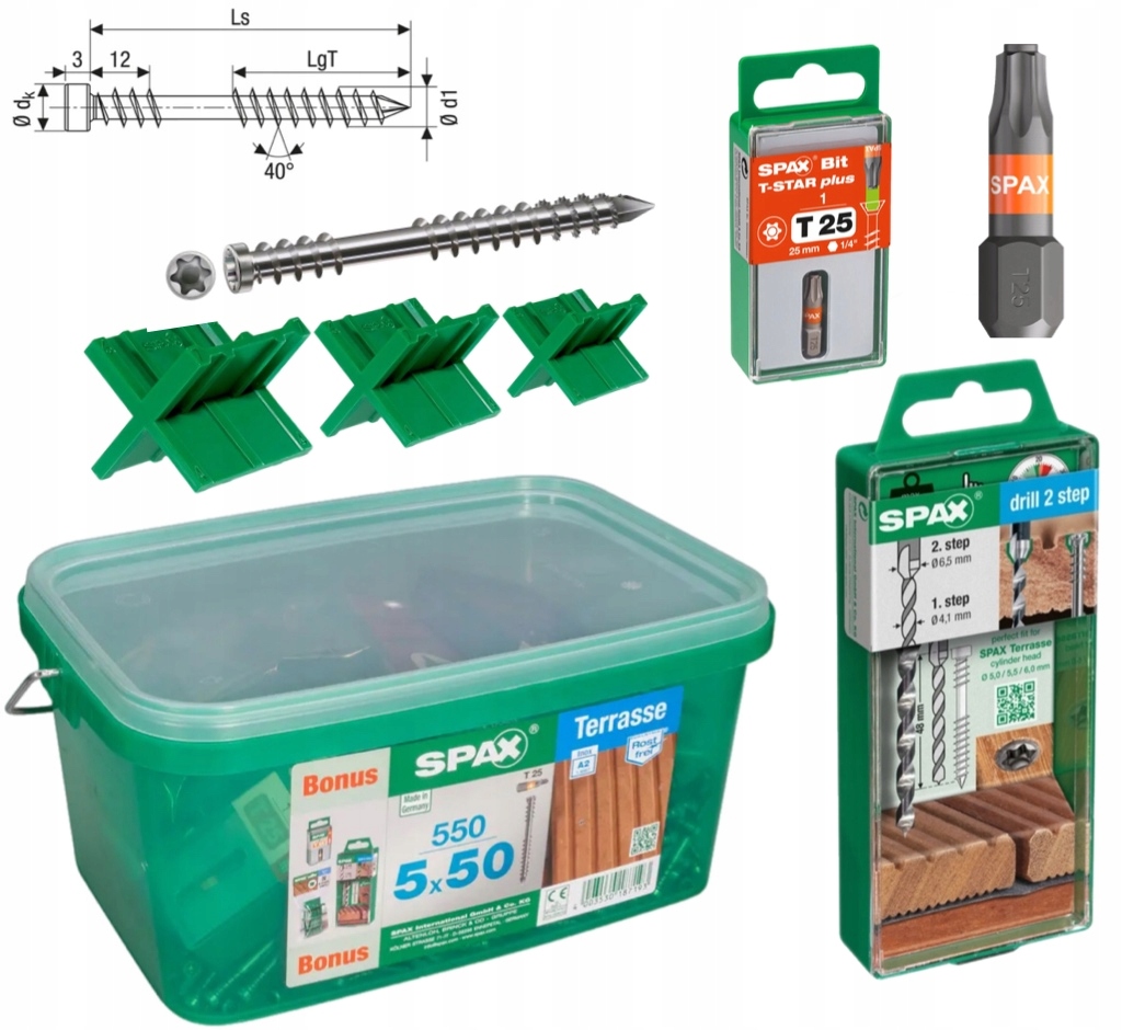 Terasový set Spax D 5 x 50 mm 550 ks Bonusová vŕtačka s krížikom