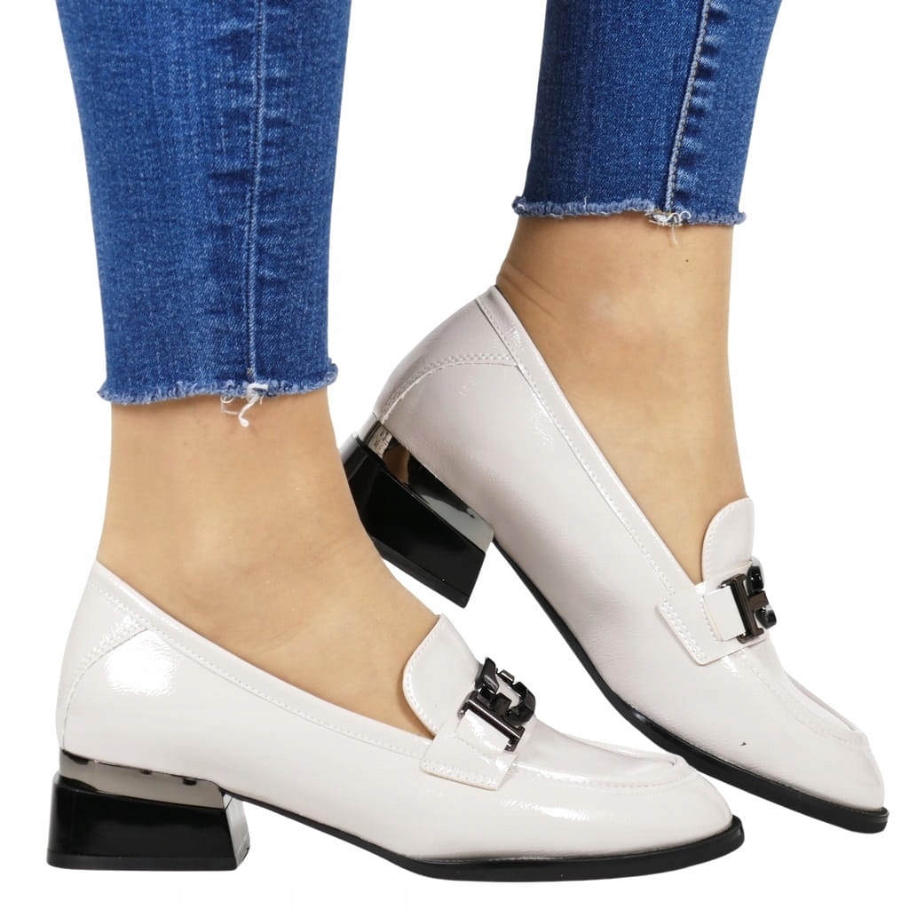 Dámské Mokasíny Na Podpatku, Polobotky S Přezkou, Nazouvací, Šedé, Lakované, New