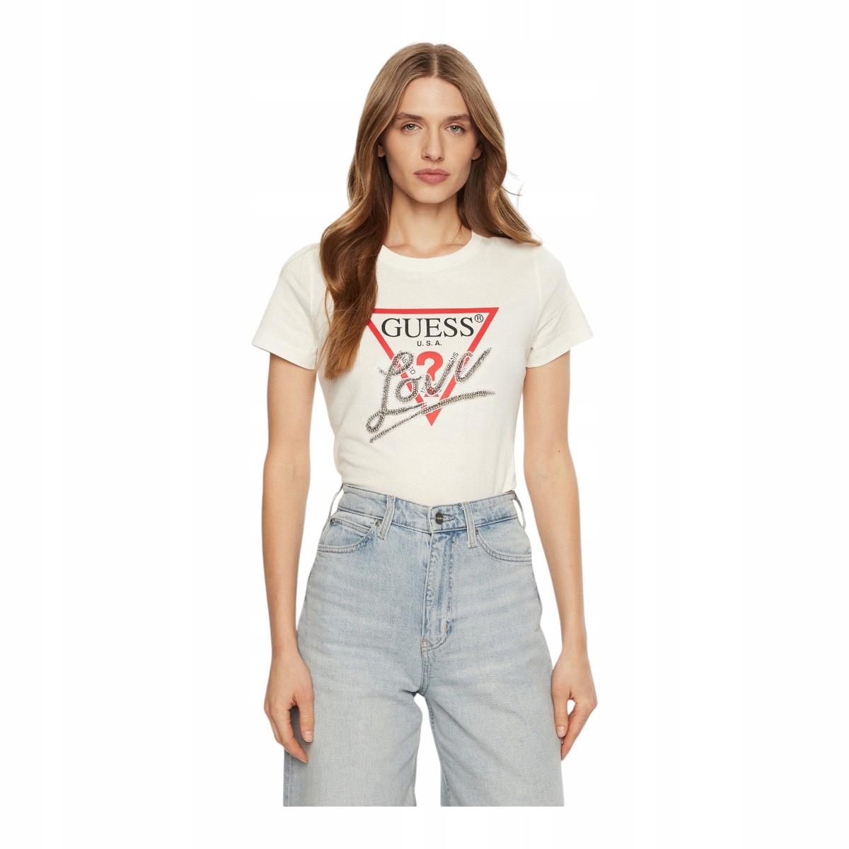 Guess Tričko Dámské Tričko Ss Cn Triangle Love Krémové vel. S