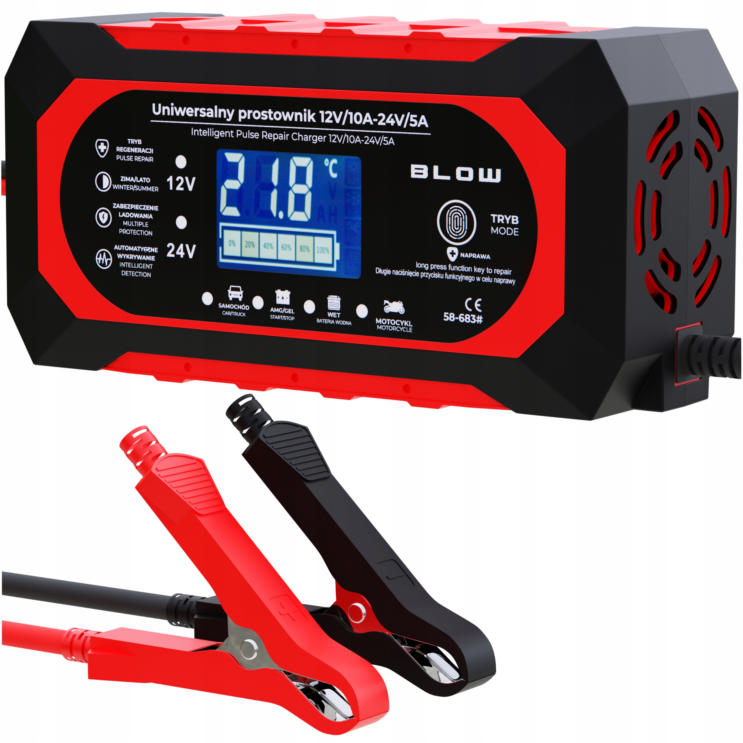 Prostownik Do Akumulatorów Samochodowy Automatyczny Naprawa 24V 12V 10A LCD