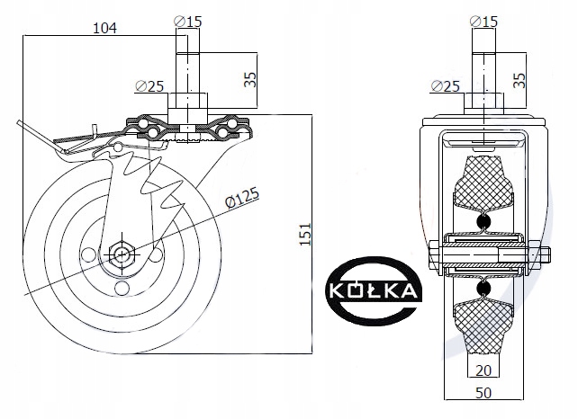KOŁO METAL-GUMA fi. 125mm TRZPIEŃ I HAMULEC Marka inny