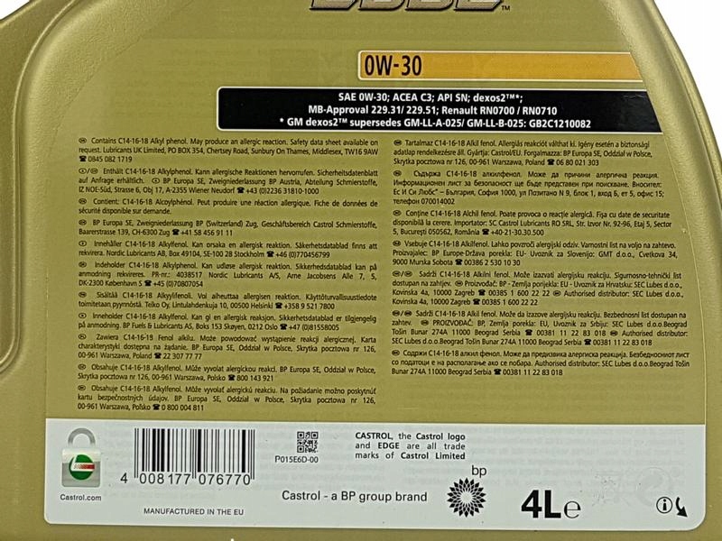 CASTROL EDGE 0W30 API SN ACEA C3 10L Specyfikacja jakościowa ACEA C3 API SN