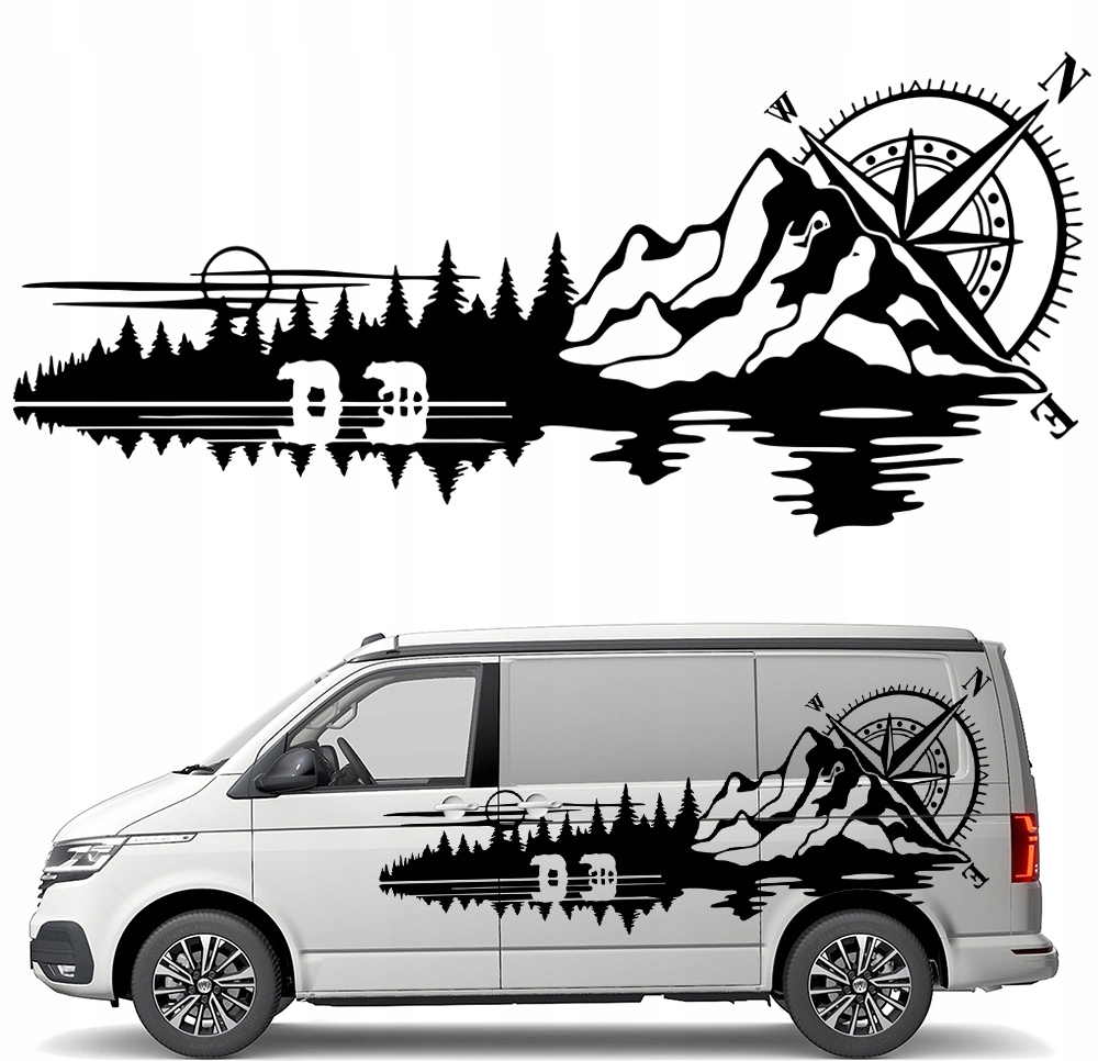 Samolepka Grafika na karavan auto Medvěd Kompas Růže Větrů Hory 90x201