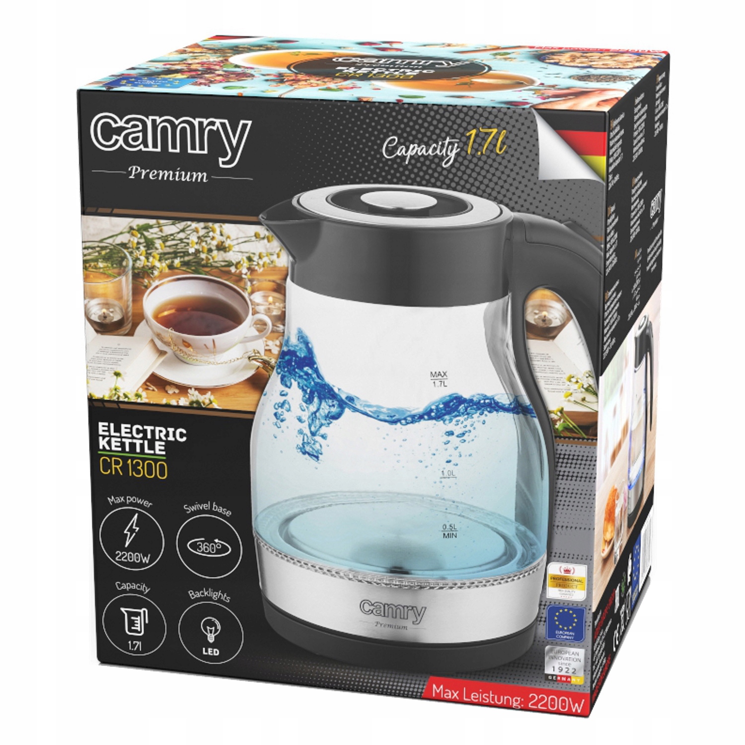 CR 1300 Czajnik Szklany 1,7 L Moc 2200W Automatyczne Wyłączanie