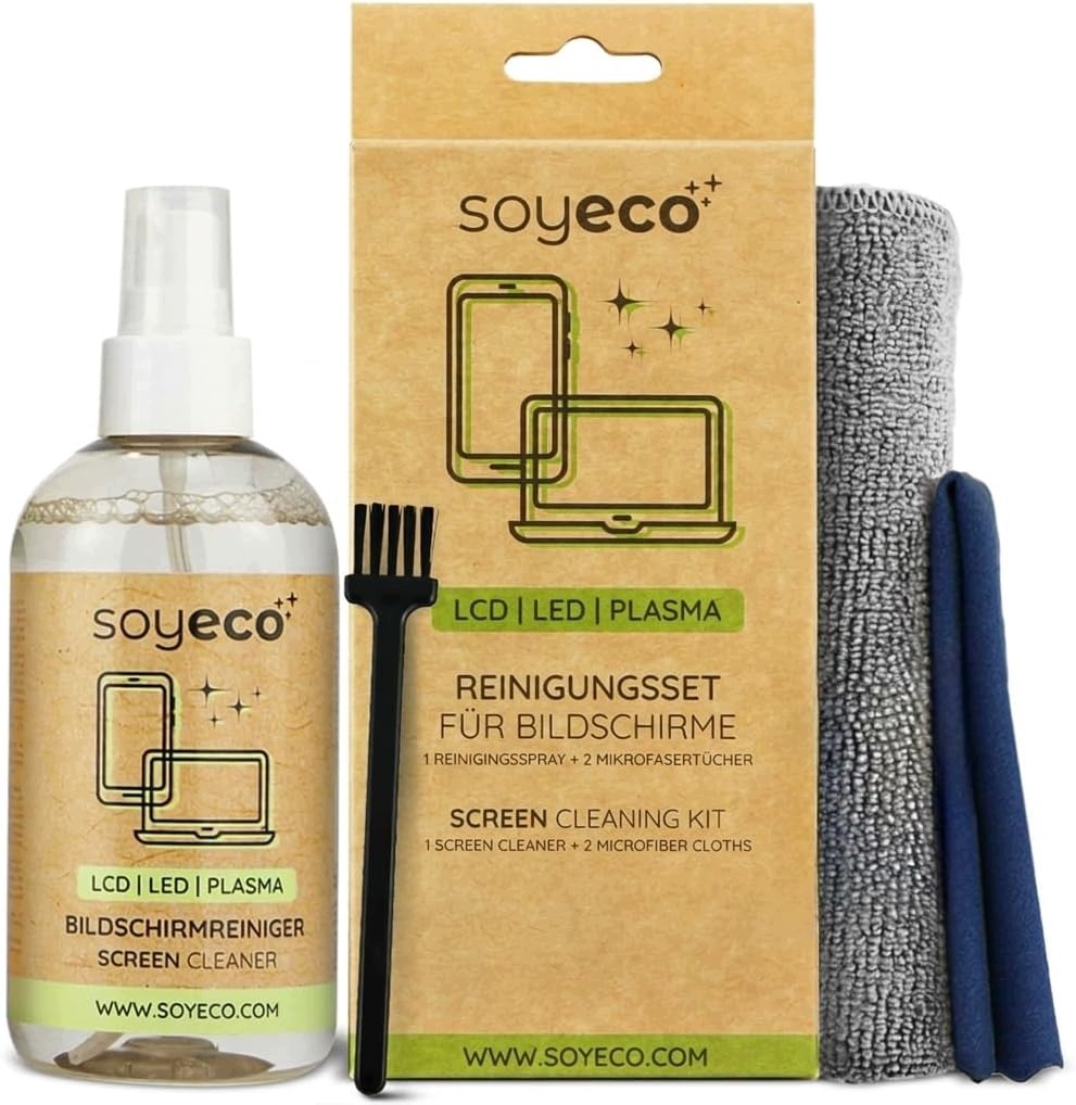 Zestaw czyszczący Soyeco 250 ml płyn 2 ściereczki mikrofibra szczoteczka