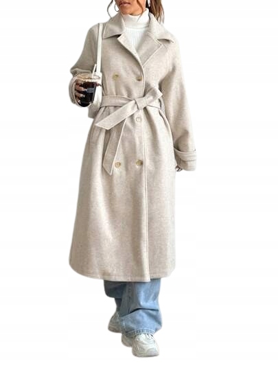 Shein Béžový Klasický Kabát Ke Kolenům S Páskem M 1KC