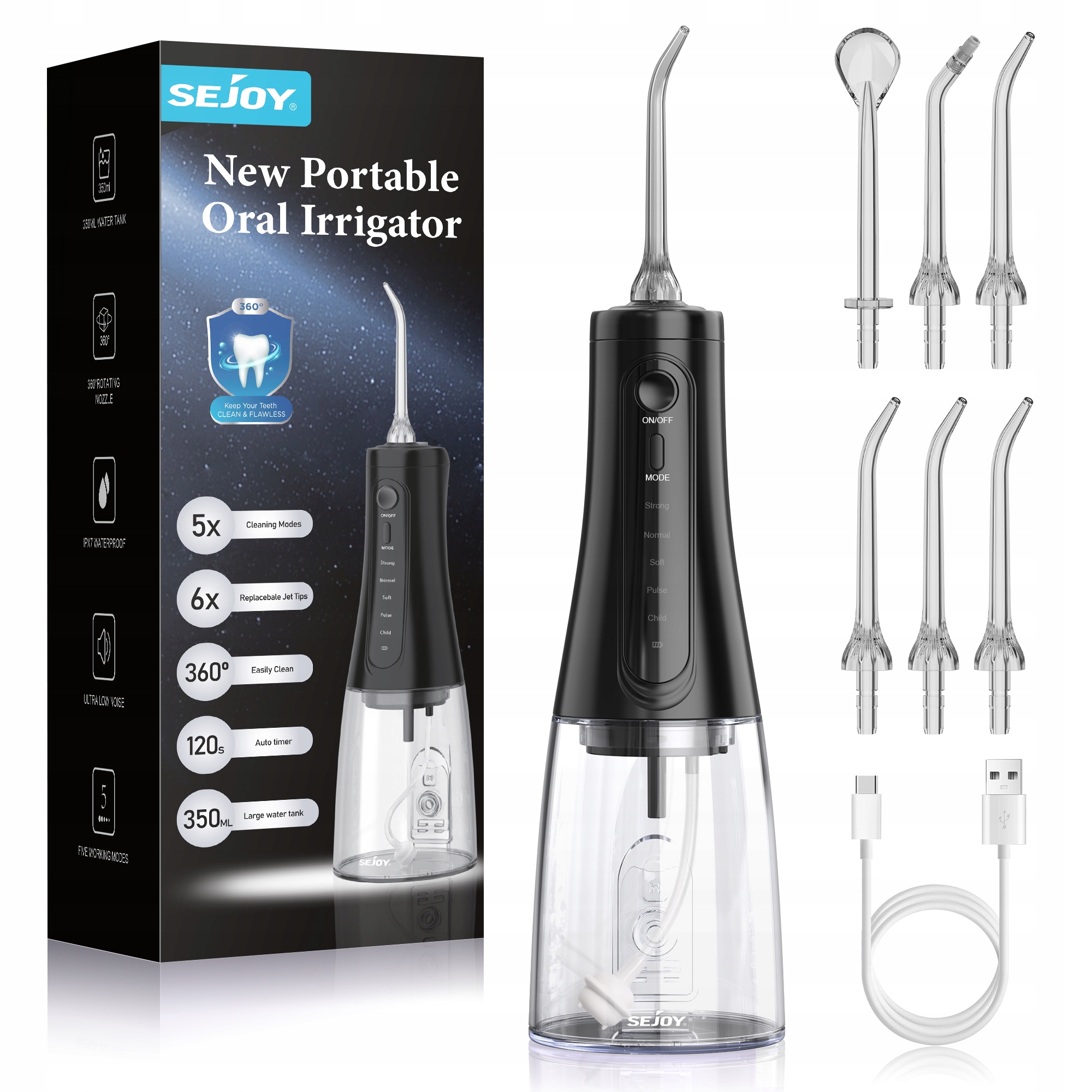 Bezprzewodowy irygator do jamy ustnej, elektryczny, 350 ml, IPX7