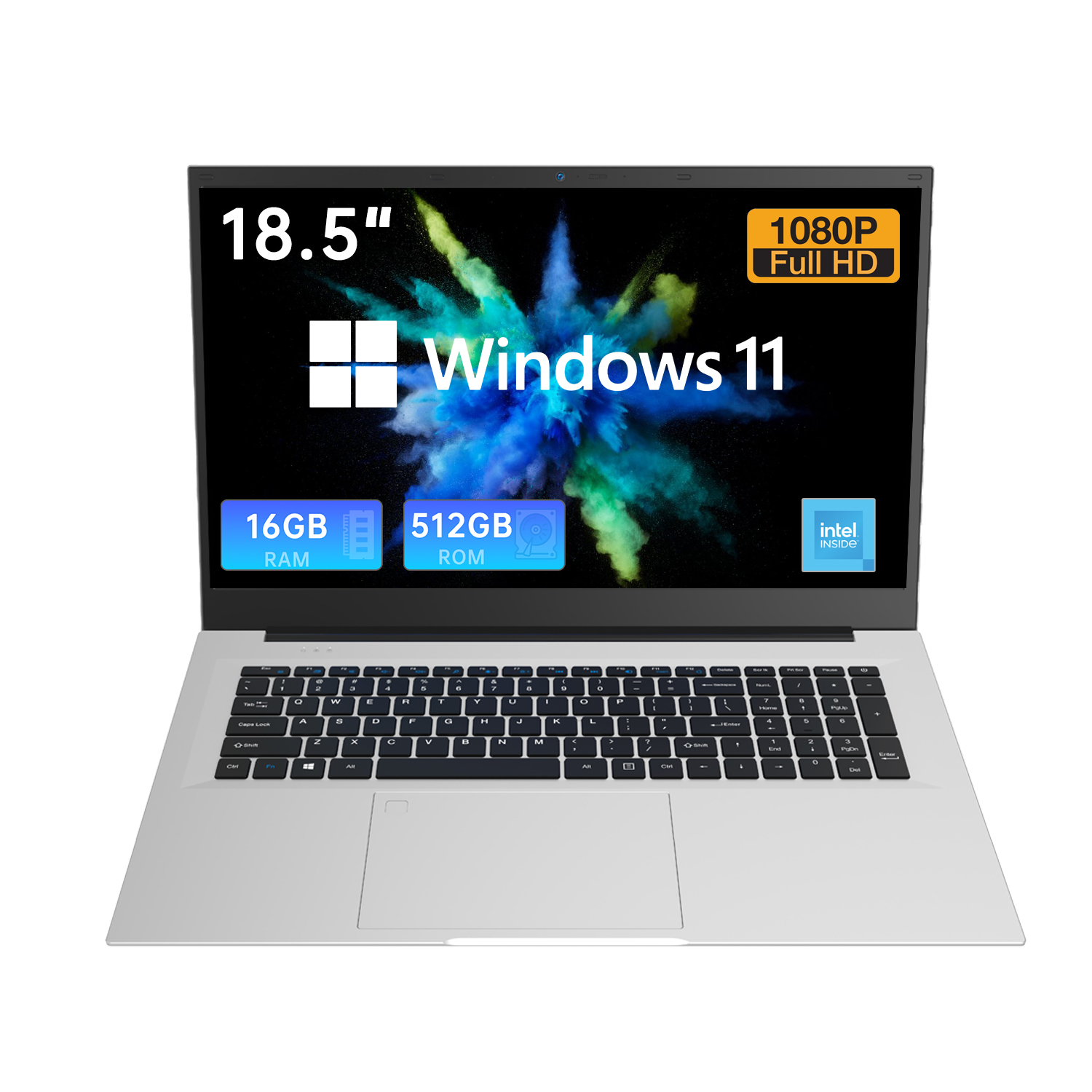 18,5palcový notebook s Full Hd rozlišením, Intel Dual Lake N150, 16 GB/512 Gb, stříbrný