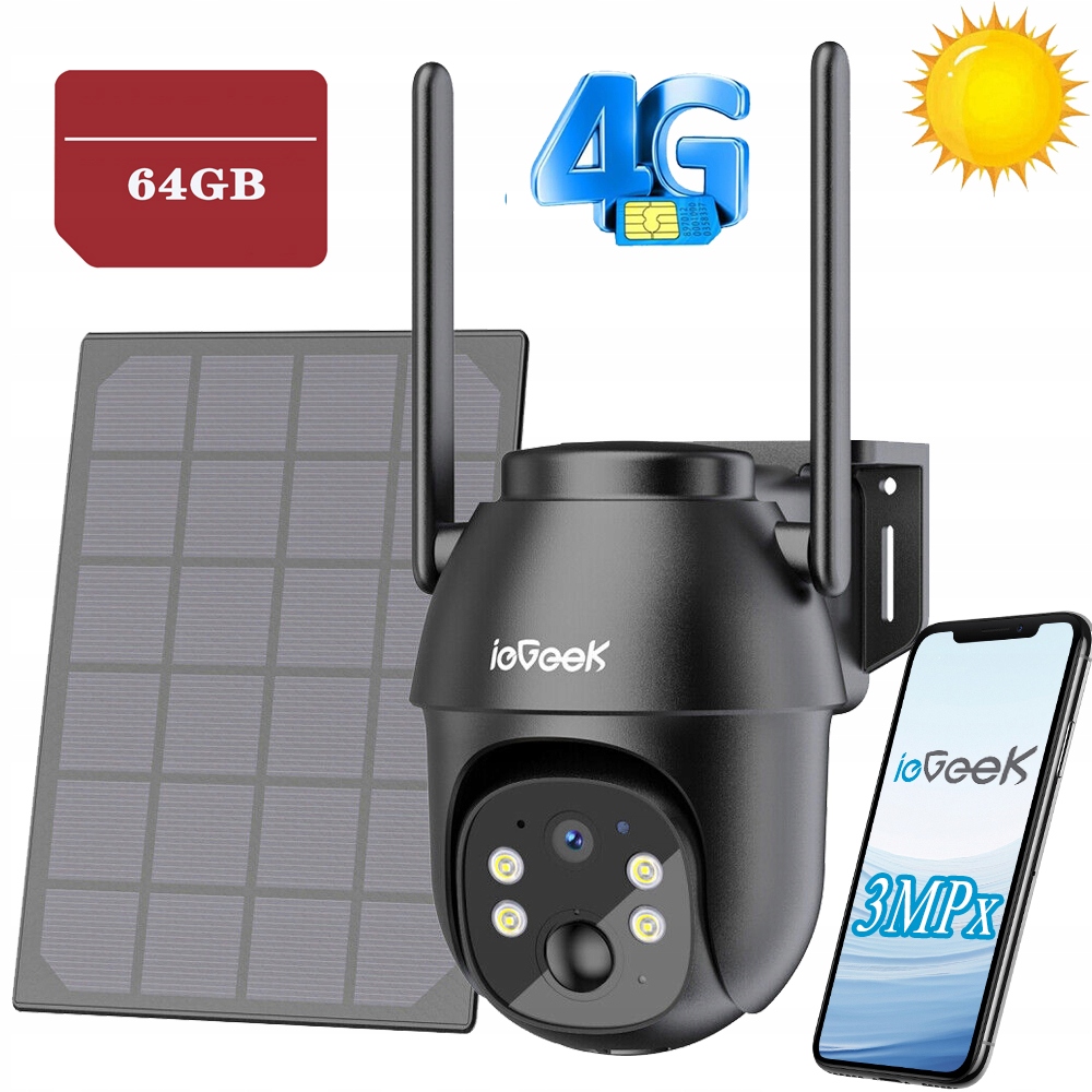 Solární Venkovní Otočná Kamera Gsm 4G Lte Sim 2K 3MPX IP65 64GB Sd
