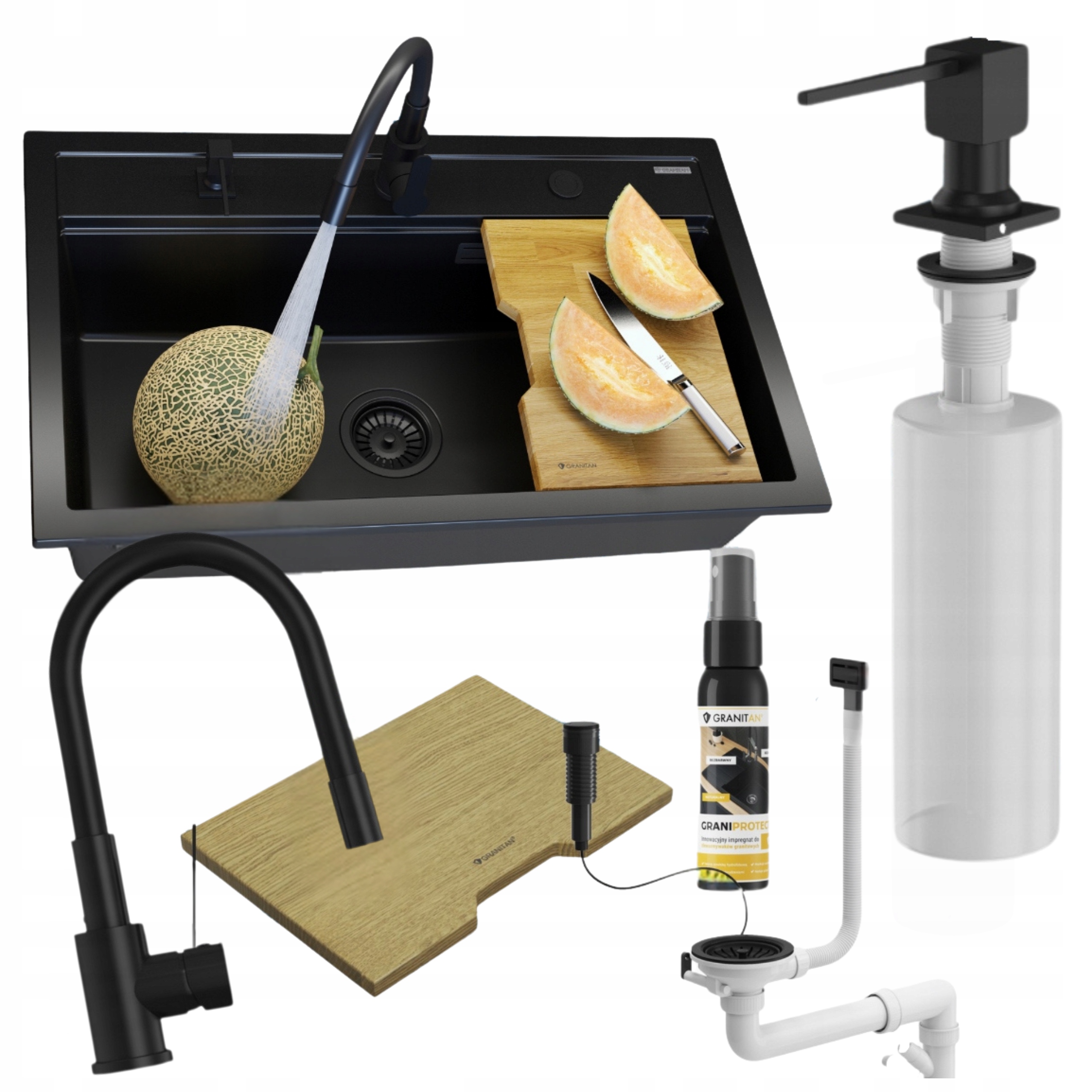 Drez Asti čierny granitový jednokomorový Set batéria Grado sifón