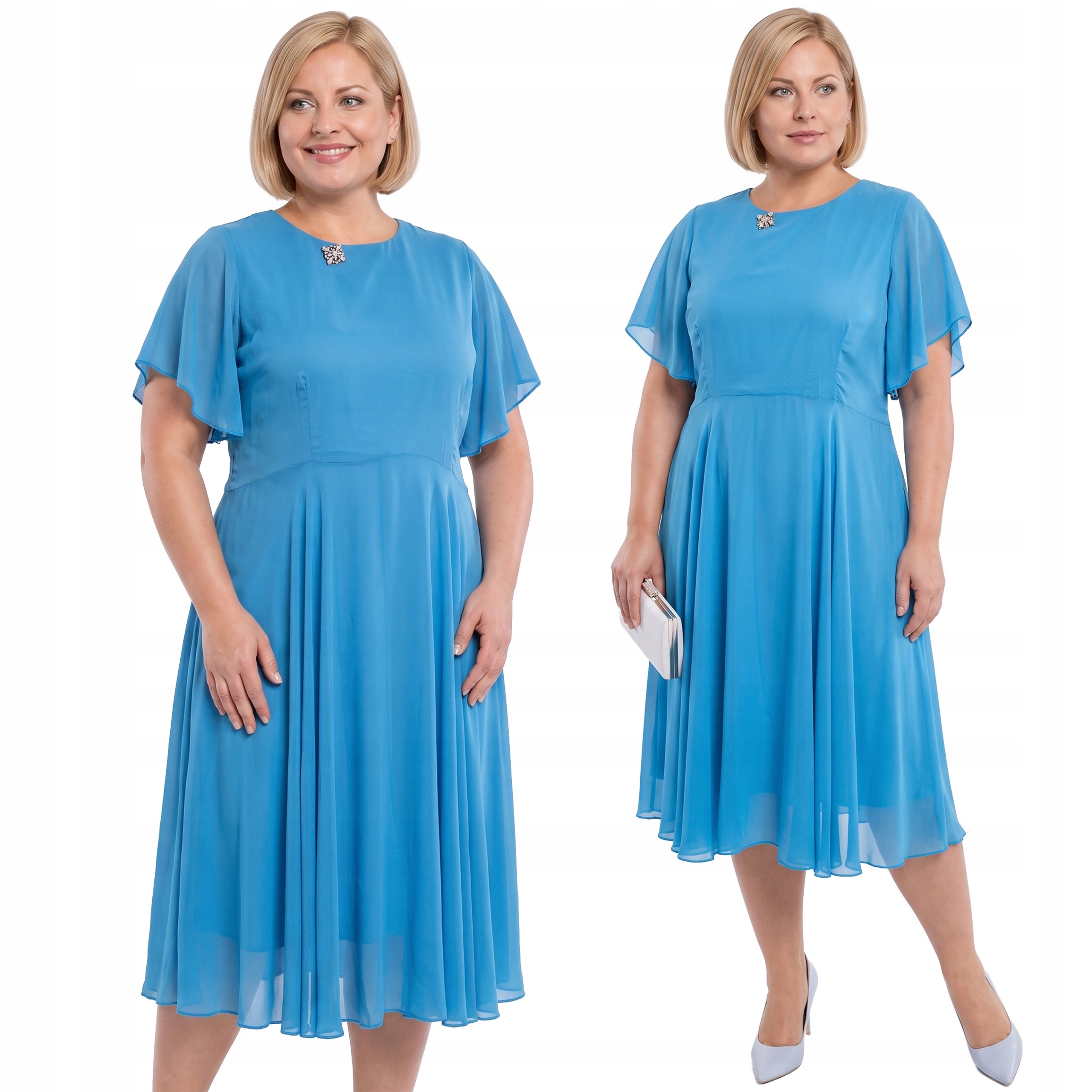 Šifonová modrá šaty s broží plus size velikost 56/58