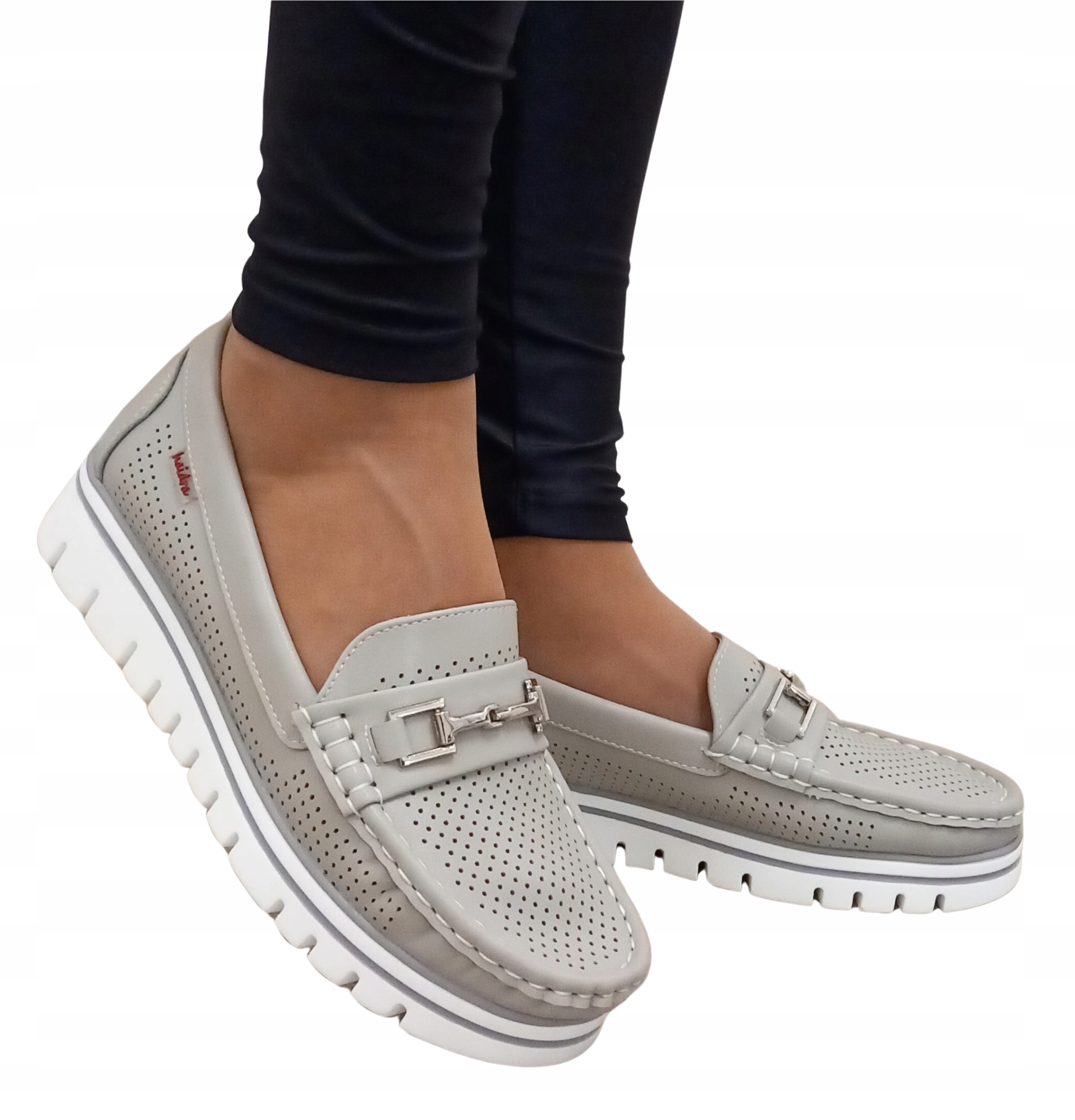 Szare Mokasyny Półbuty Na Szeroką Stopę Wkładka Skóra Naturalna