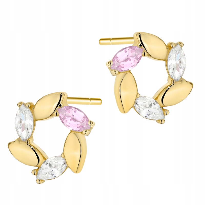 Zlaté Náušnice pr. 585 Listy Bílé Růžové Zirkony 14k