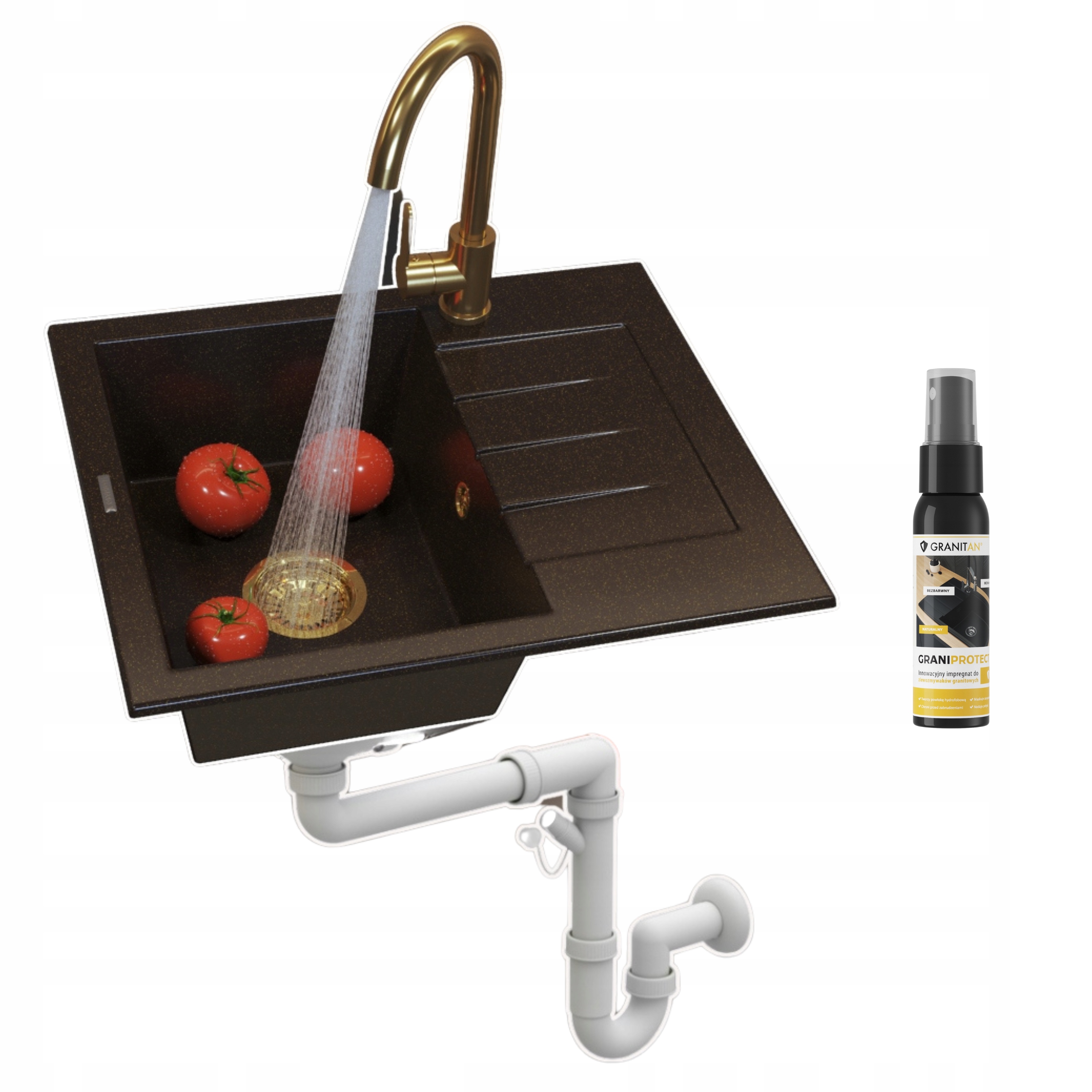 Granitový drez Milano Chocolate Gold jednokomorový Sada 4v1 Batéria Sifón