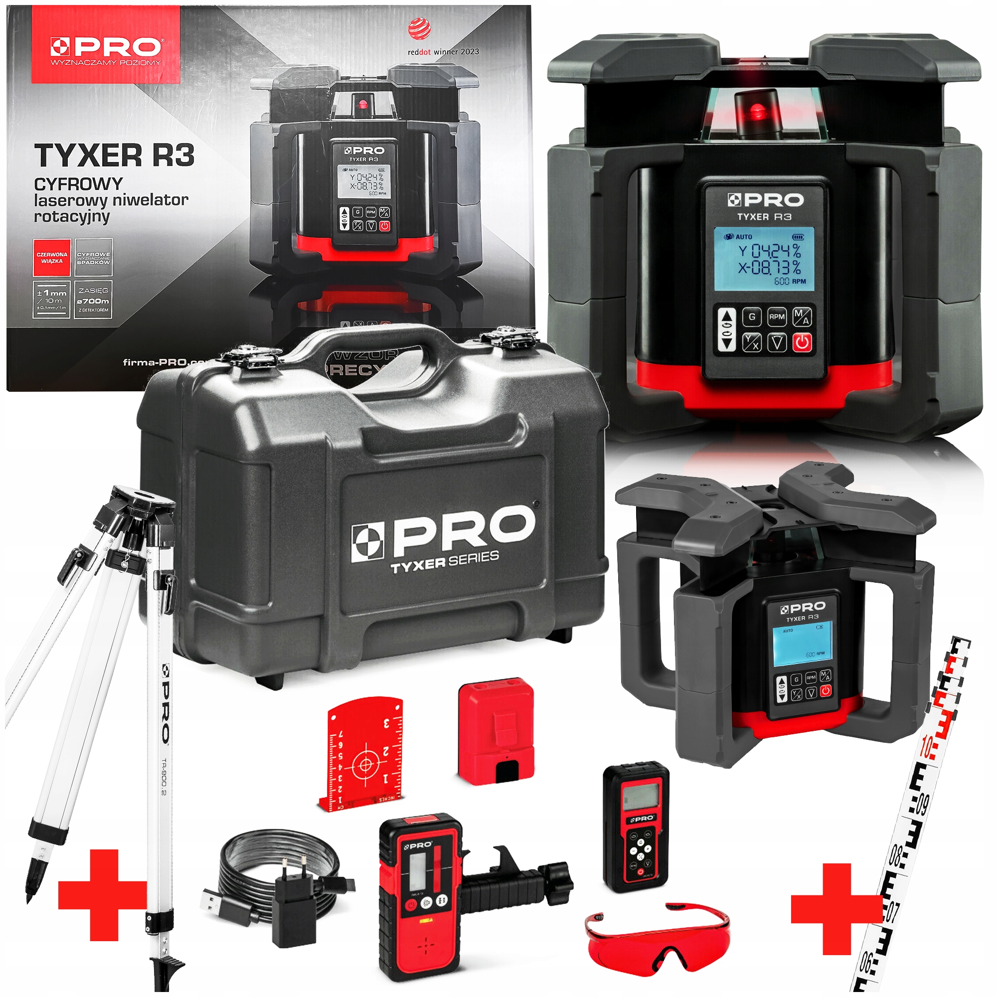 NIWELATOR LASEROWY PRO TYXER R3 700 m +STATYW+ŁATA+DETEKTOR+ AKCESORIA