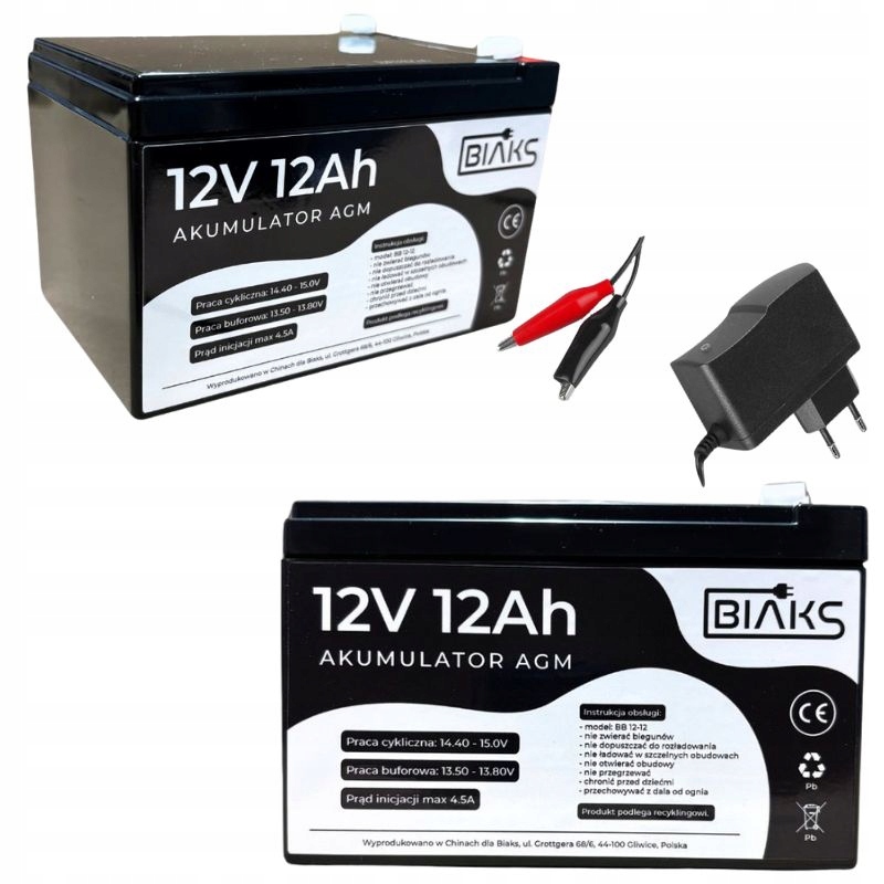 Akumulator Agm 12V 12Ah Biaks (wymiar 10Ah 14Ah 15Ah) komplet ładowarka Pw