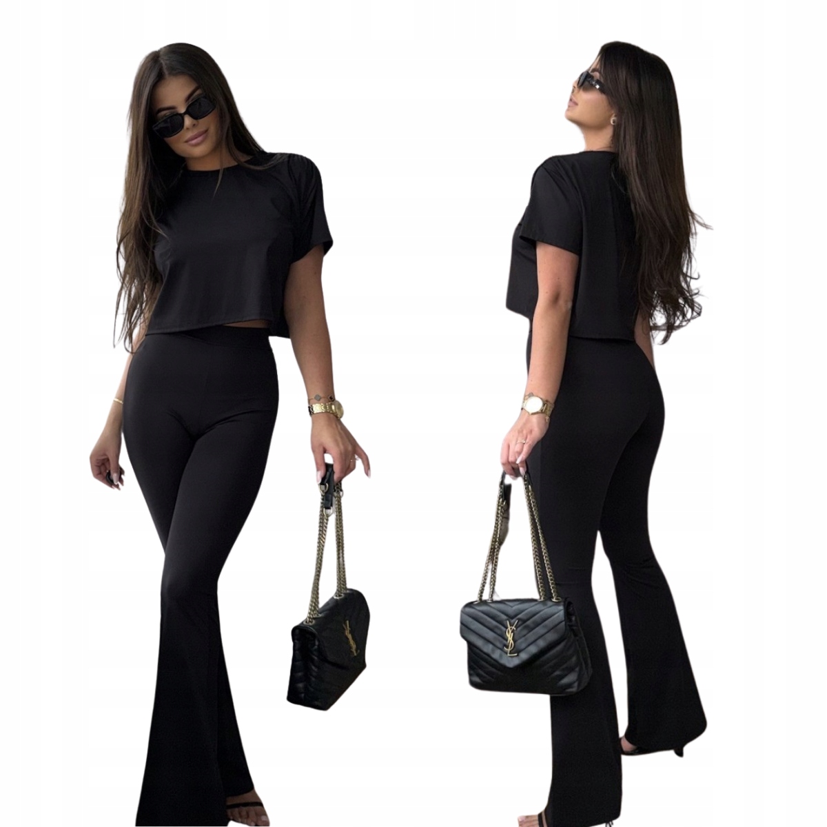 Komplet crop top a zvonové kalhoty černé elastické módní One size