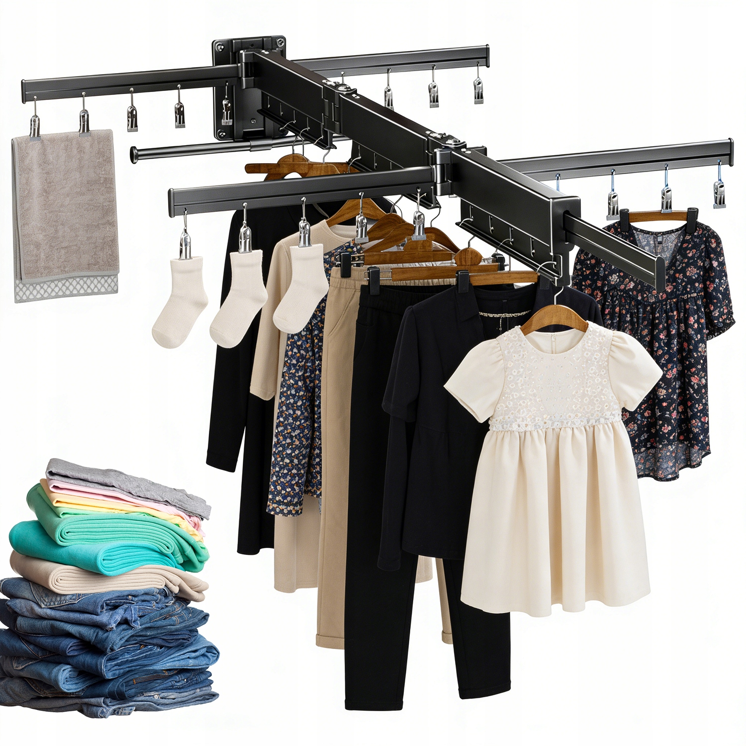 Levně Nástěnný Skládací Věšák Na Oblečení Koupelna Balkon Prádelna Černý