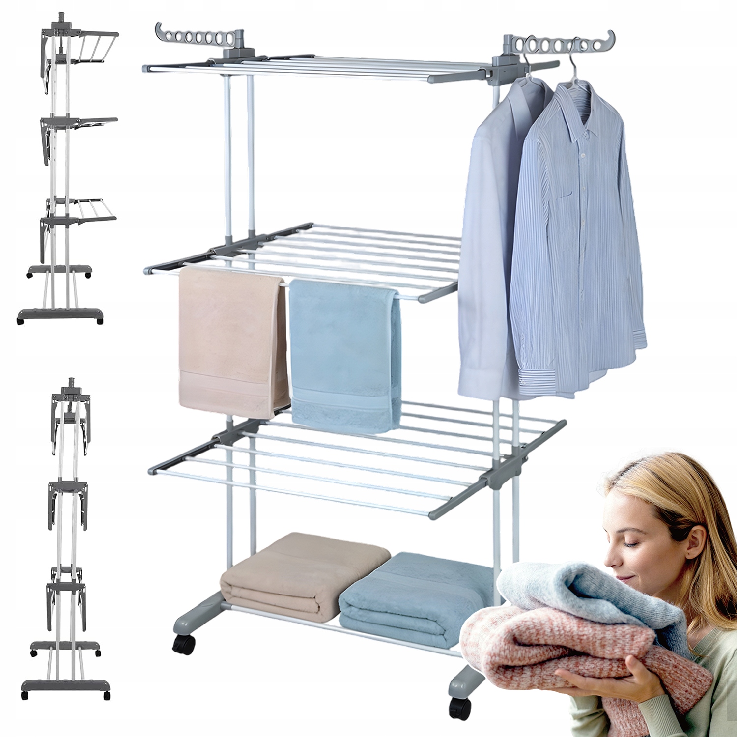 Levně Sušák Na Prádlo Vertikální Výsuvná 26 Tyčí 4 Úrovně Mobilní S Kolečky