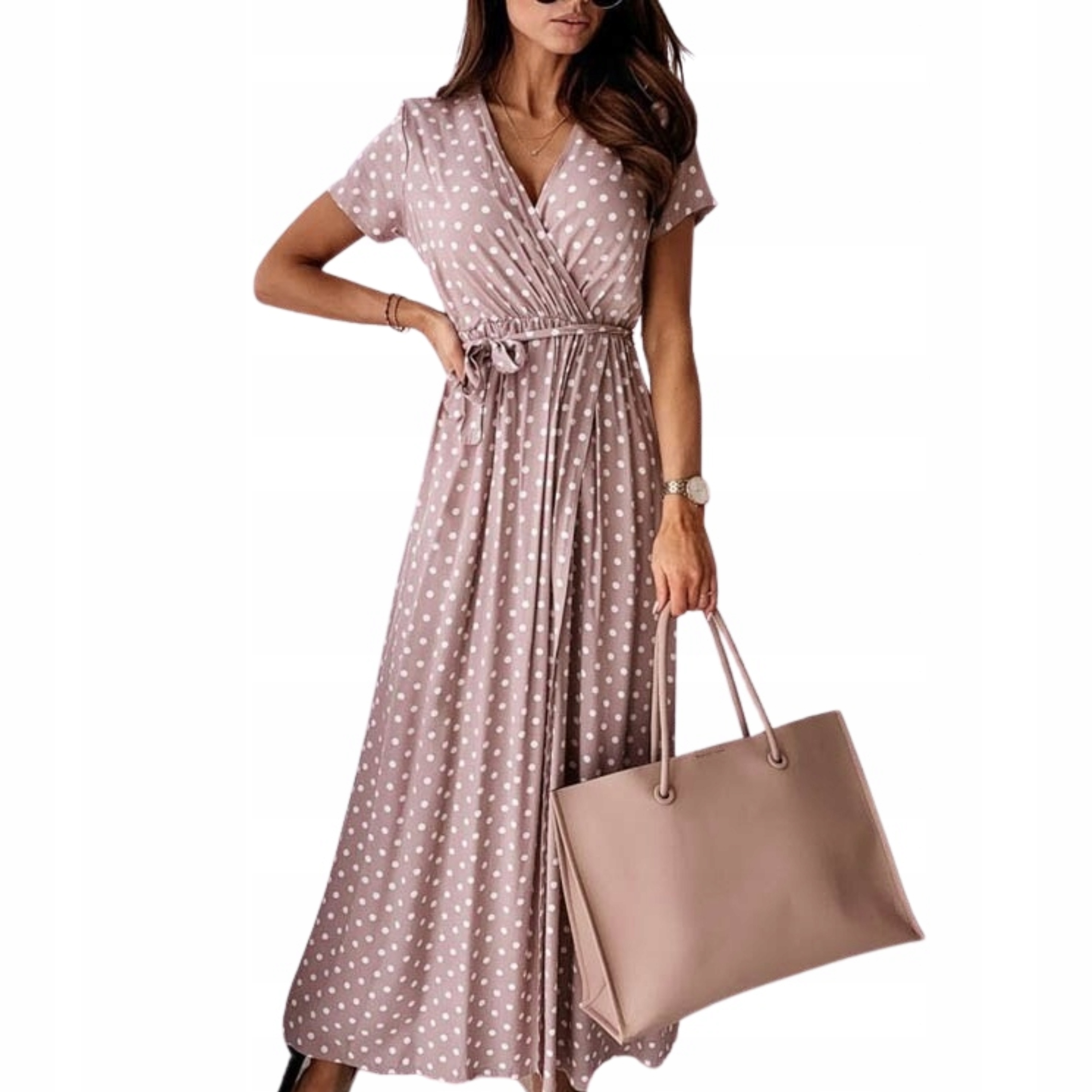 Sukienka damska w groszki midi z rozcięciem zwiewna letnia przewiewna luźna