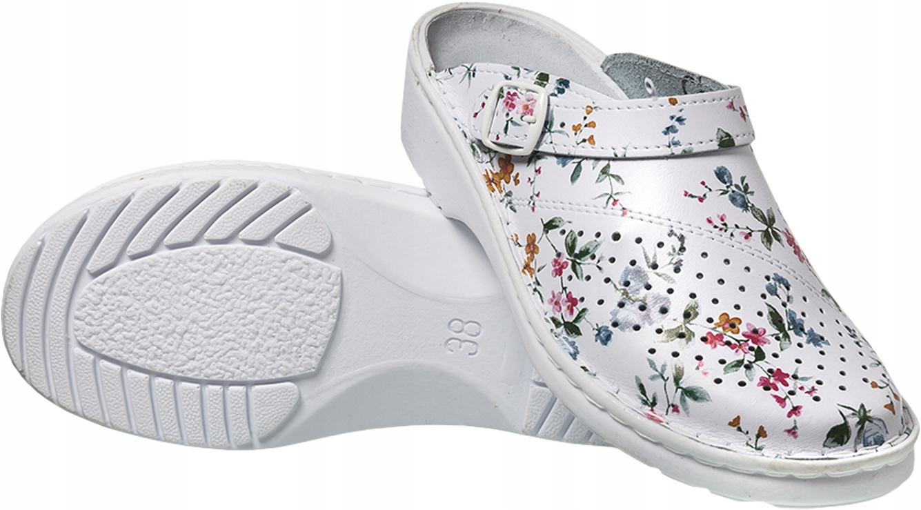 Medibut Klapki Damskie Skóra Białe Kwiatki 09L roz. 41