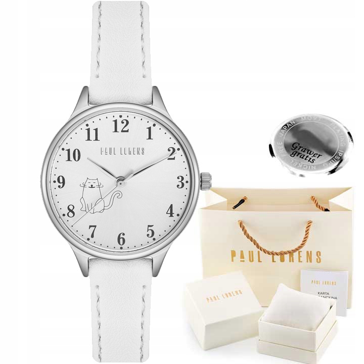 Dětské hodinky Paul Lorens s kočičkou, stříbrný bílý řemínek Gravírování Box