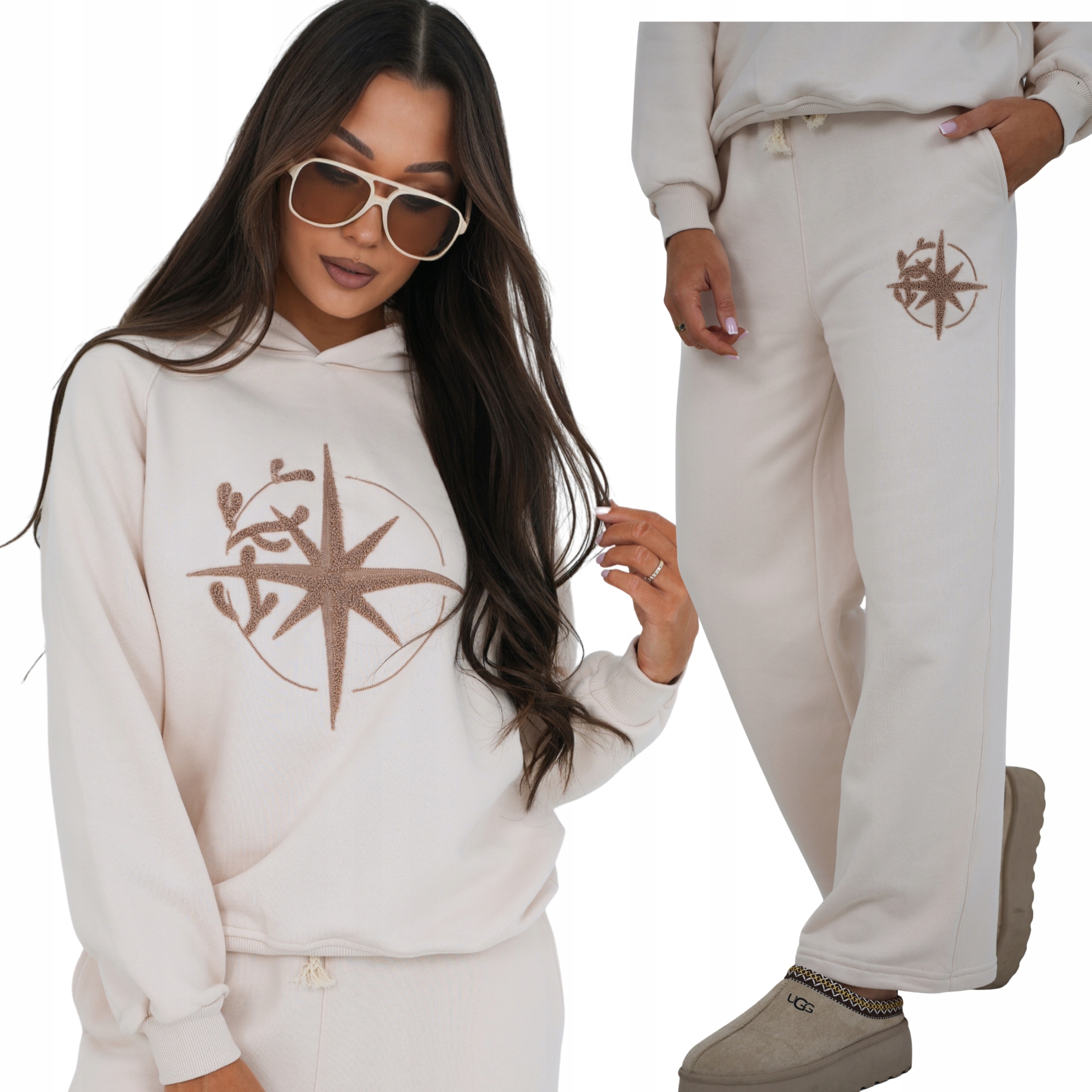 Teplákovka dámský pohodlný volný komplet Baggy bavlna Set Premium béžová M/L