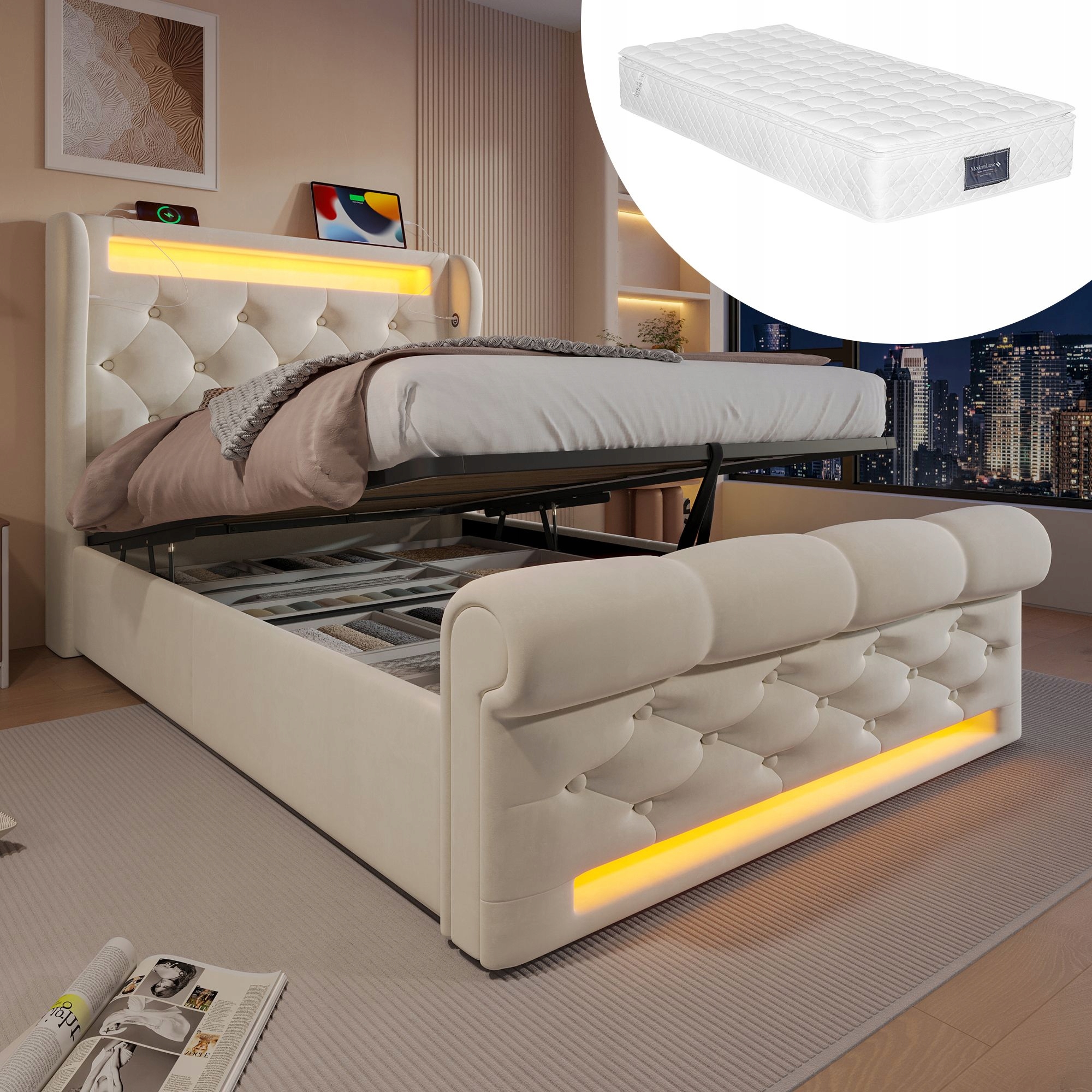 Čalouněná postel Jednolůžko 90x200 cm Led Usb Type-C béžová Matrace