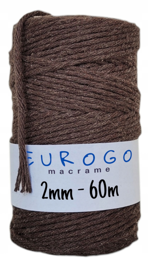 Sznurek do Makramy Bawełniany Skręcany Ekologiczny Eko Brązowy 60m 2mm