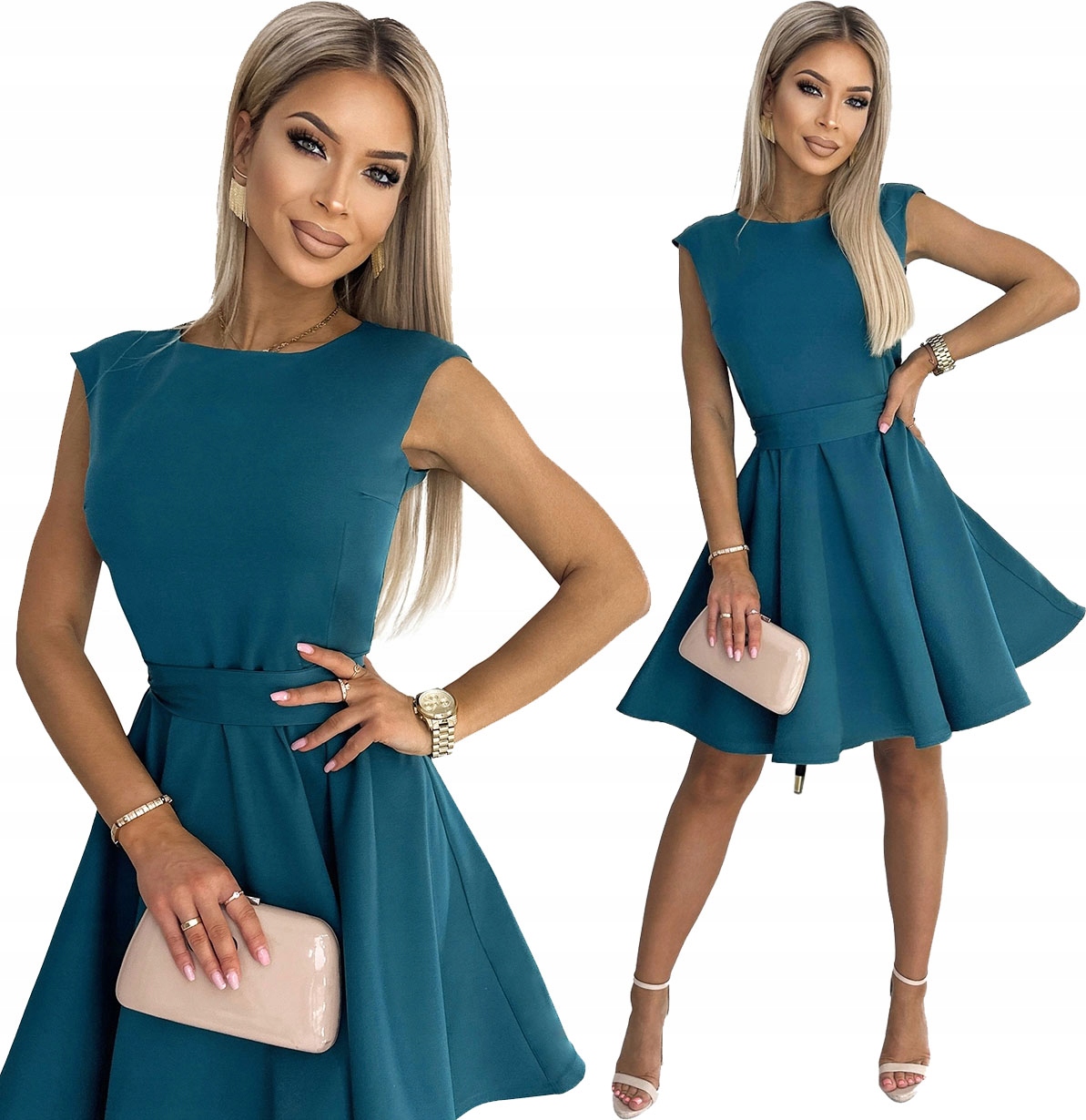 Elegantní Rozevřená Šaty S Pásek V Pase Bez Rukávů, Mořská Velikost M