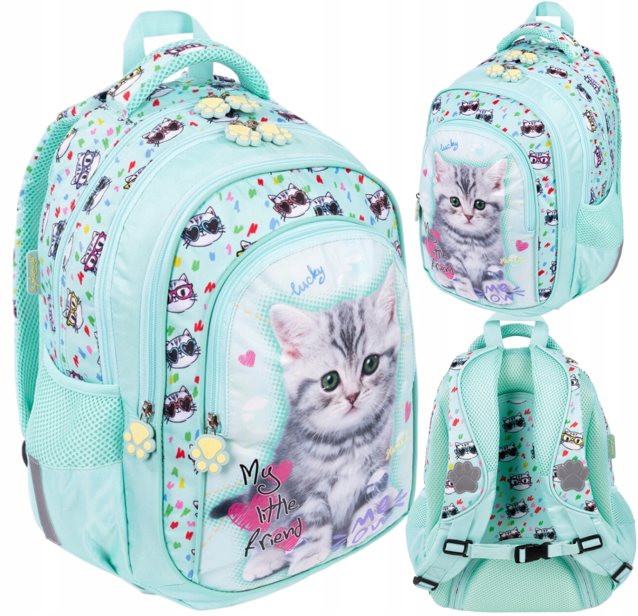 Plecak szkolny 4-komorowy St.Majewski My Little Friend Mint Kitty Kotek 1-3