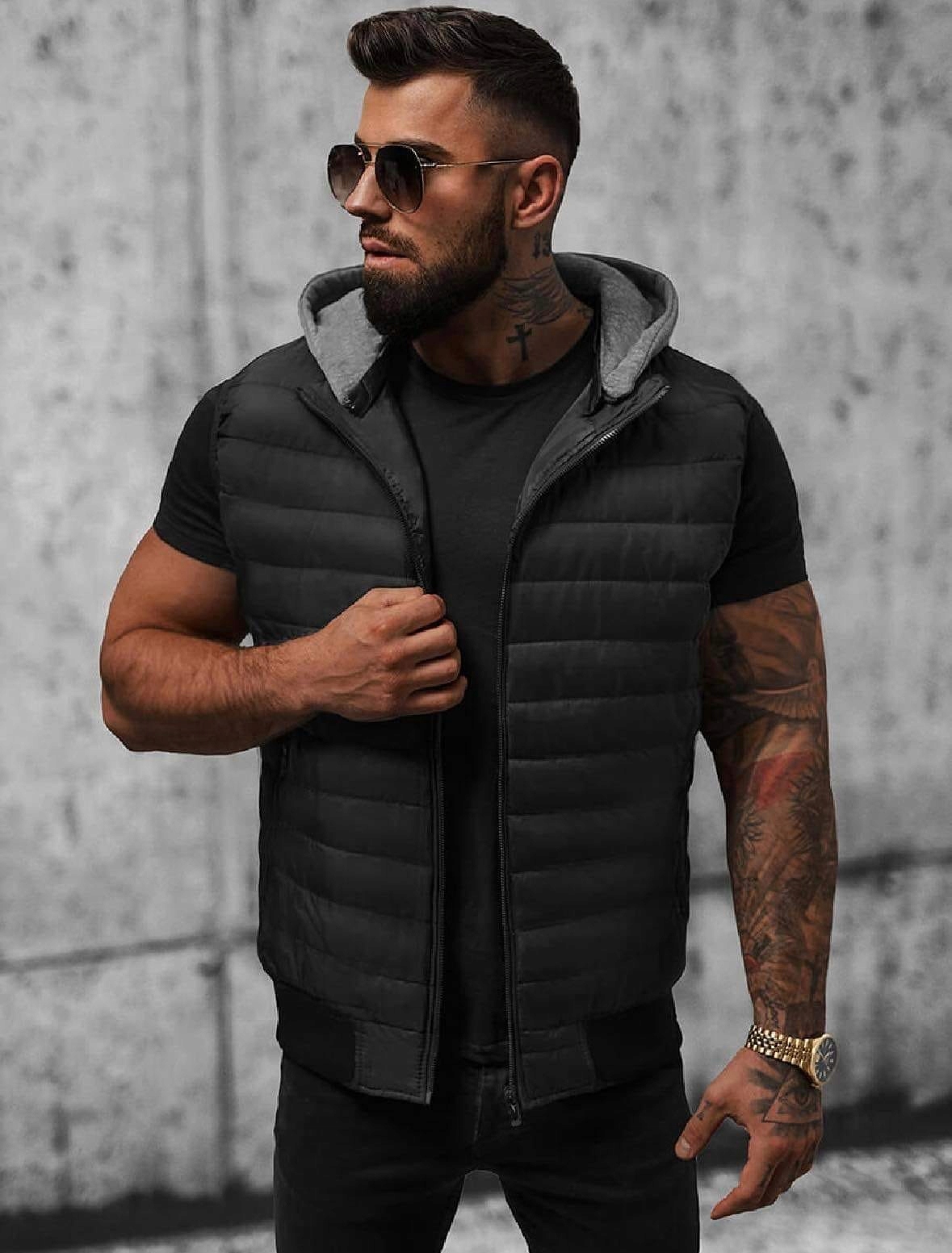 KAMIZELKA MĘSKA BEZRĘKAWNIK CZARNA PIKOWANA KAPTUR LEKKA WIOSENNA roz.L Kolor czarny