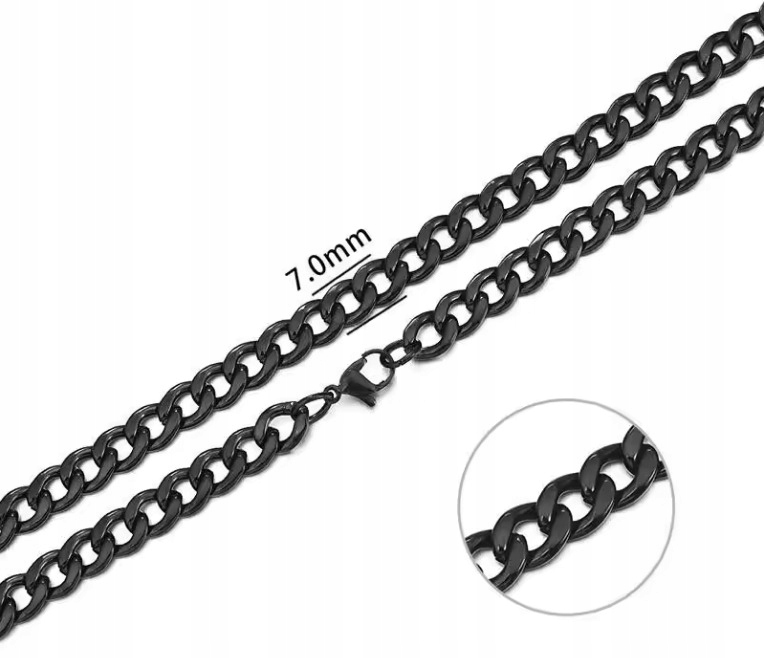 Czarny Łańcuszek Naszyjnik Kubański 7 mm Długość 60 cm Pancerka Ze Stali