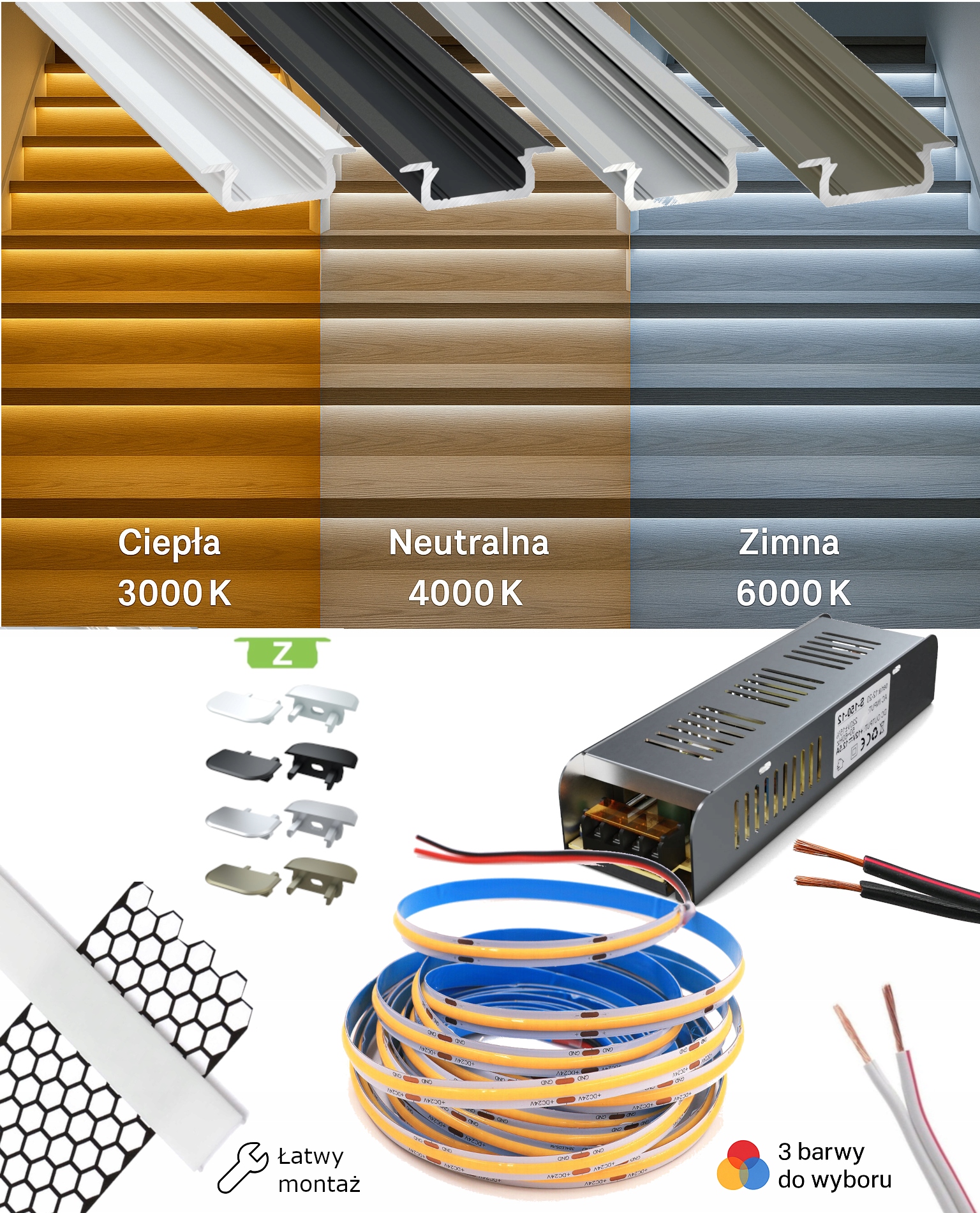 Schodiskový set Led Cob profil (farby) páska napájací zdroj – narezaný na mieru