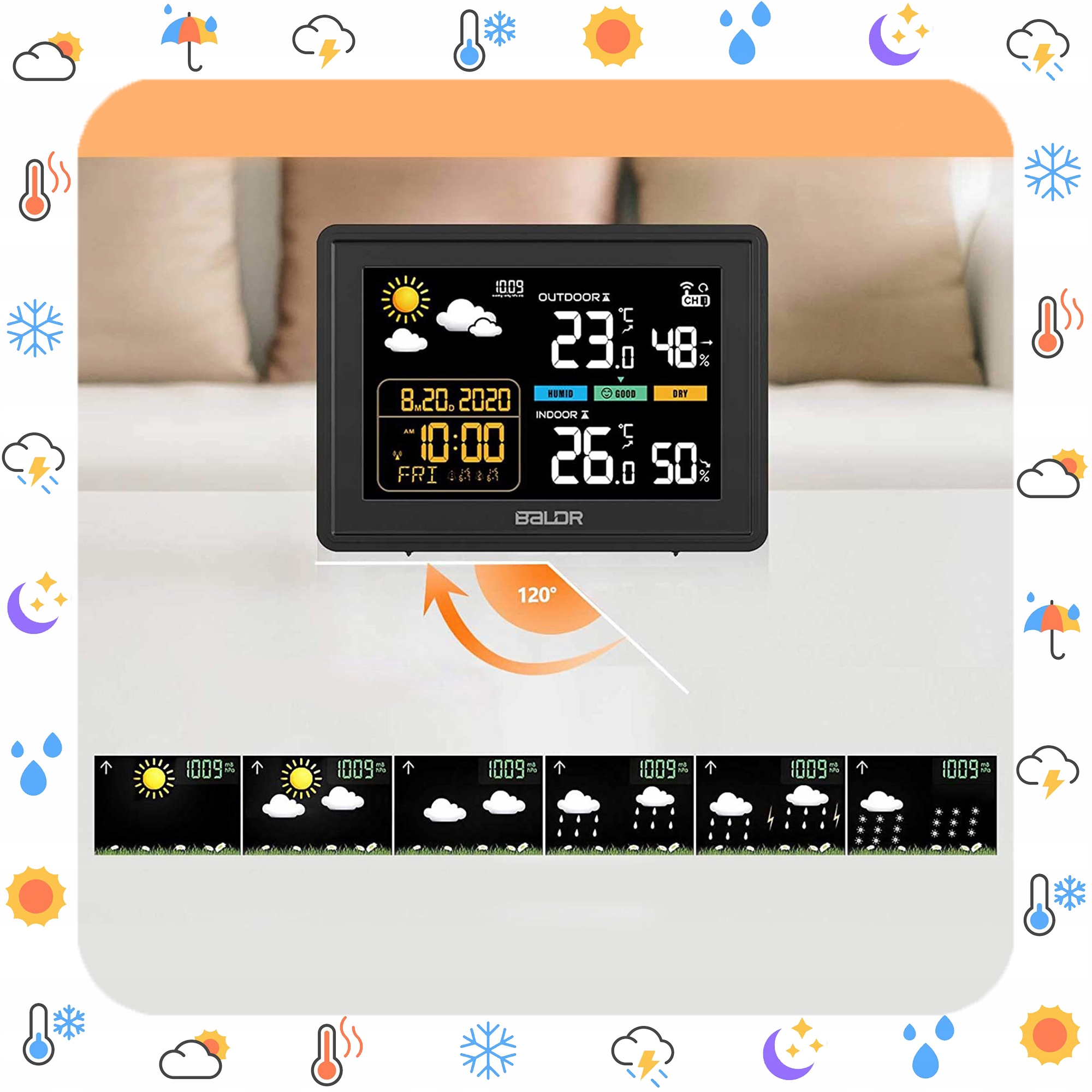 BEZPRZEWODOWA STACJA POGODOWA HIGROMETR TERMOMETR ZEWNĘTRZNY CZUJNIK POGODY Kolor czarny