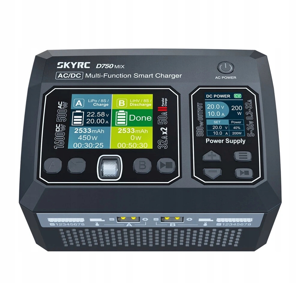 SkyRC D750 MIX Dvojkanálová nabíjačka Ac/dc 500W/1600W 32A 8S LiPo/LiFe/LiI
