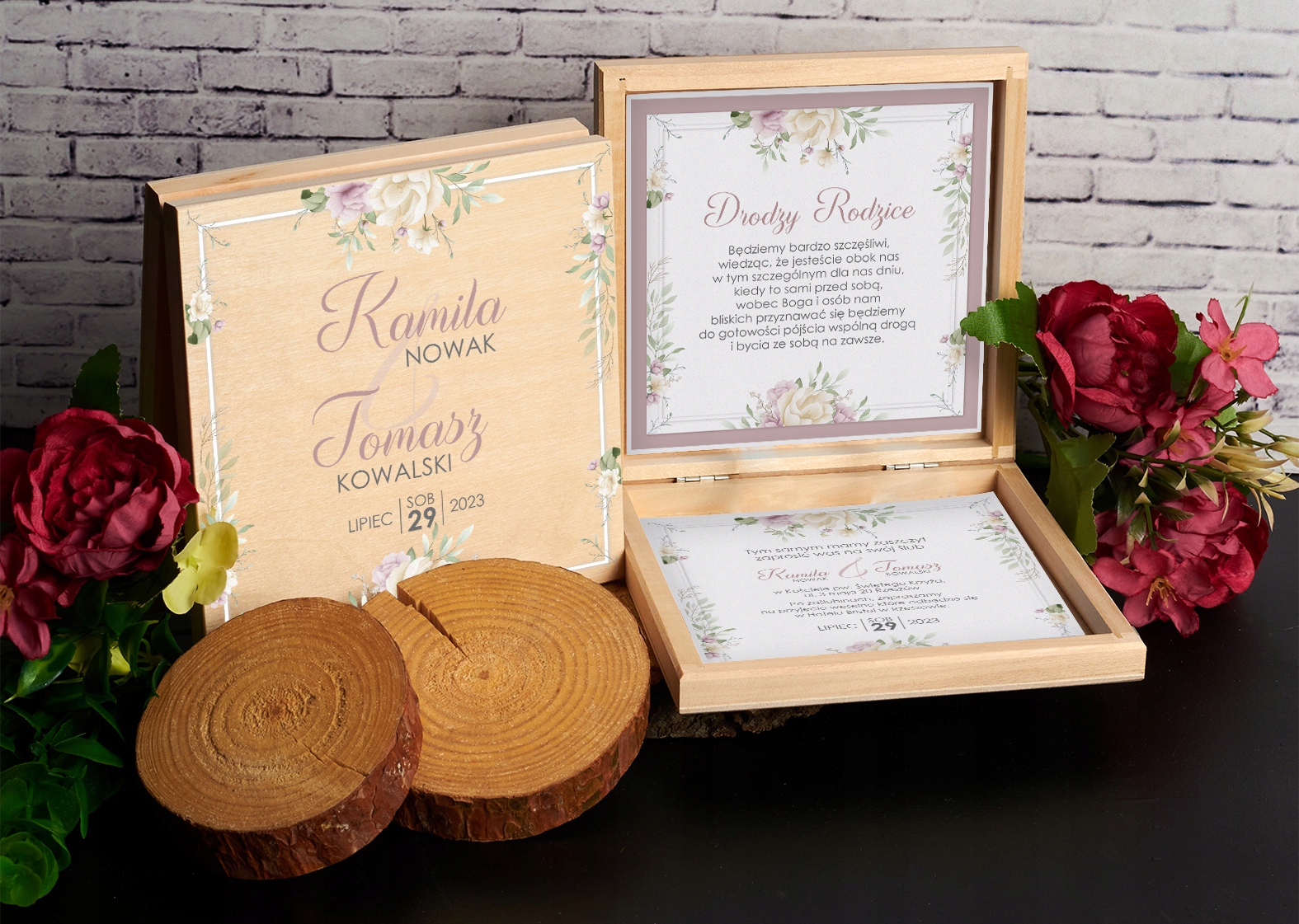 PUDEŁKO DREWNIANE ZAPROSZENIE PROŚBA DLA RODZICÓW ŚLUB WESELE RÓŻOWE Z2 Wysokość produktu 14.5 cm
