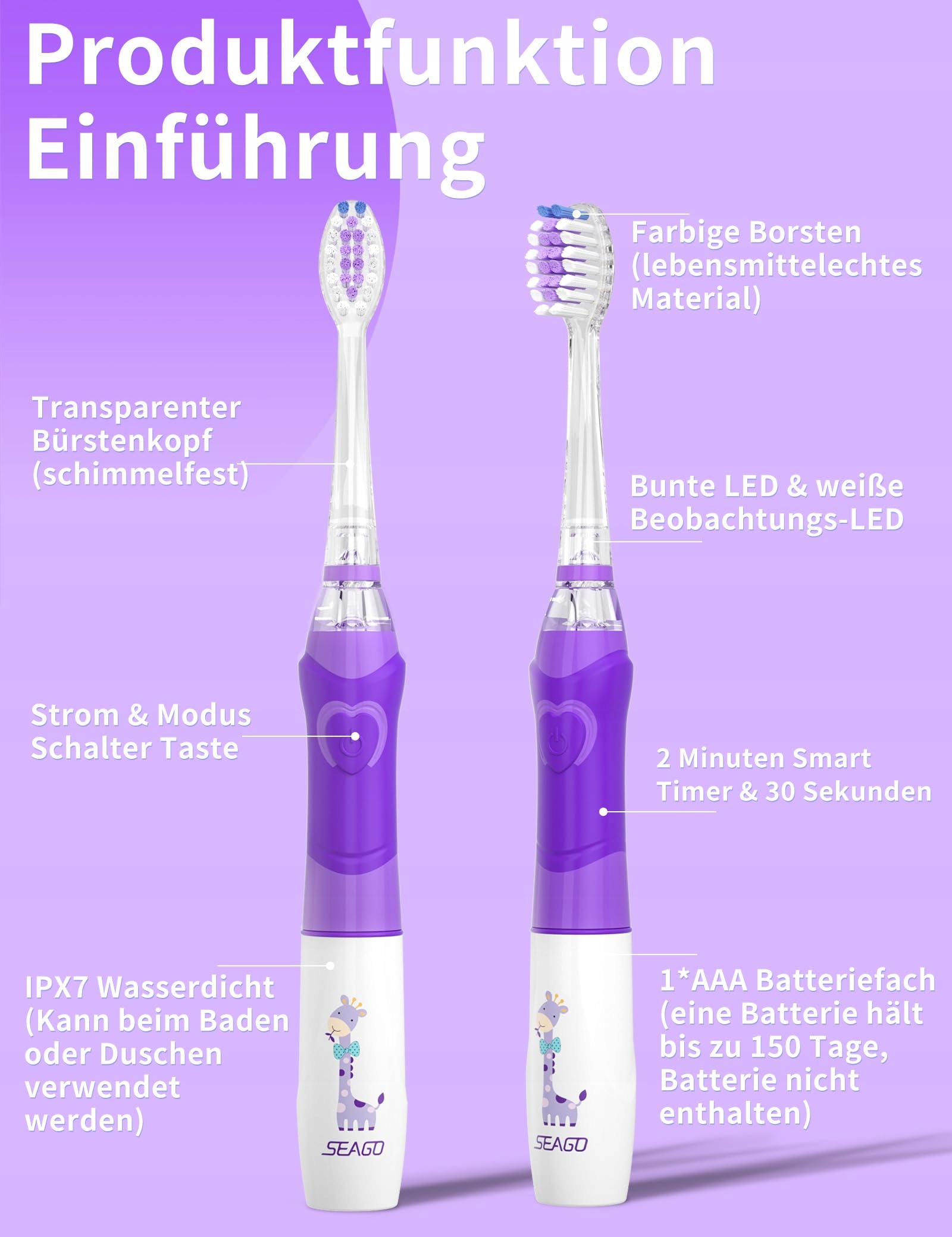 SEAGO Szczoteczka Soniczna Dla Dzieci 4 Tryby LED 4 Główki Fiolet — miniatura 4