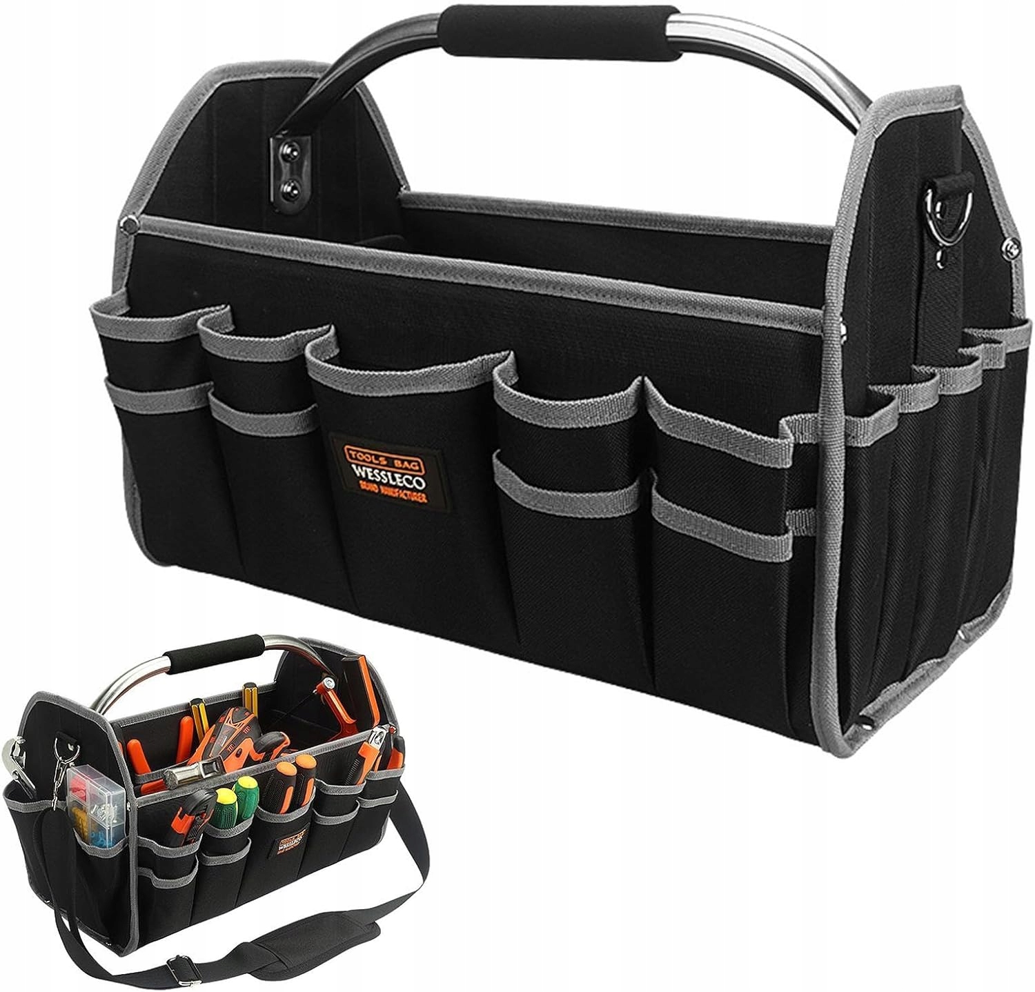 Pracovní taška na nářadí otevřená s rukojetí, popruh na rameno velký 41×22×27 cm